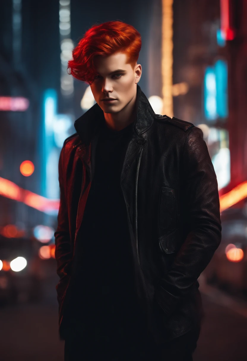 Red Hair Short Hair Two Block Man Dressed in Black Cyber Background