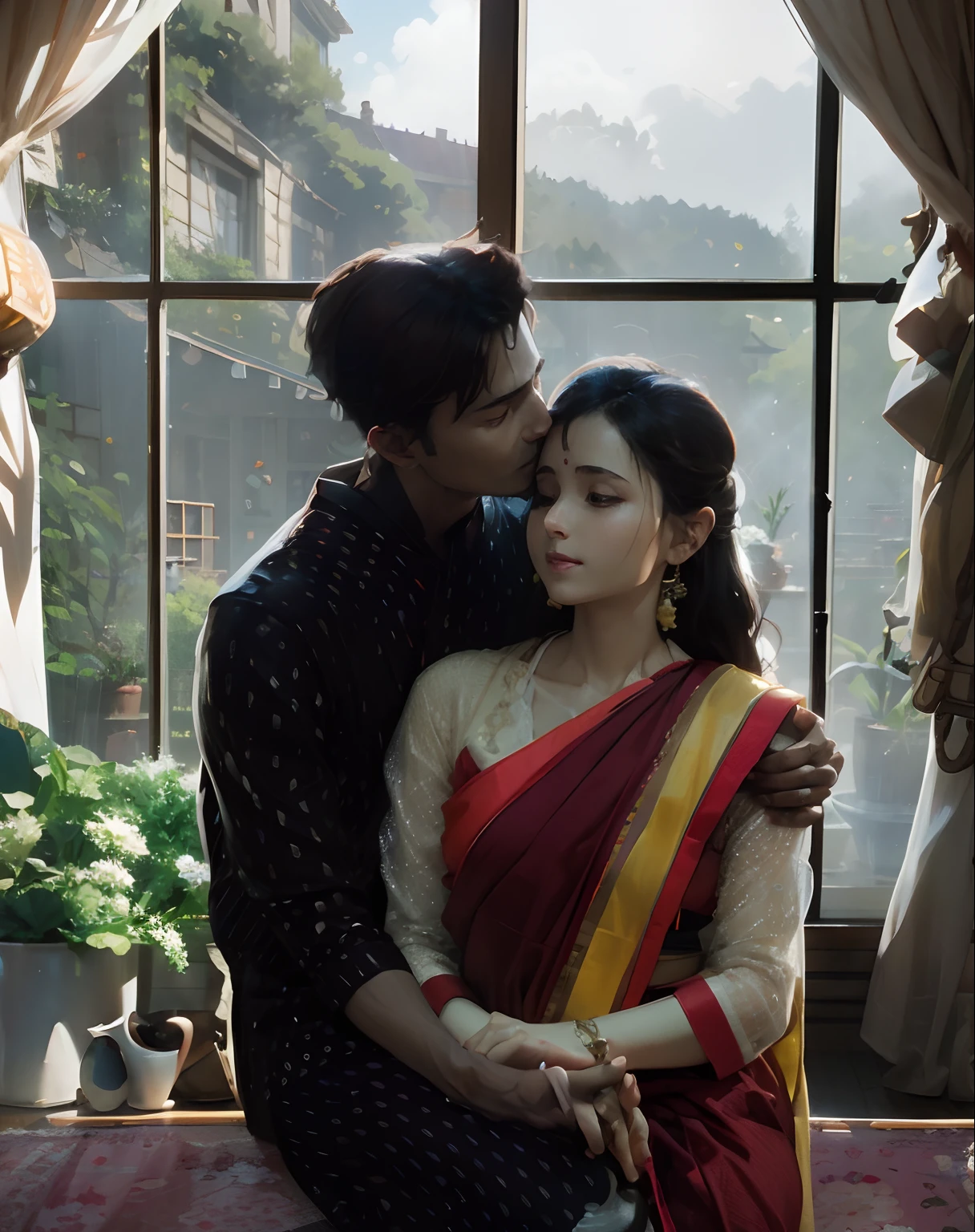 Cozy little room, couple, kissing in forehead, bengali traditional dess, saree, windows, curtains, flower pot, light coming from behind, volumetric light, colour correction, accurate shadow and highlight, best quality, best composition, rim light, keep basic detail of the input image, (anime Makoto Shinkai:0.4), (sparks:0.7), anime art, digital painting, surrealistic, 8k, prominent