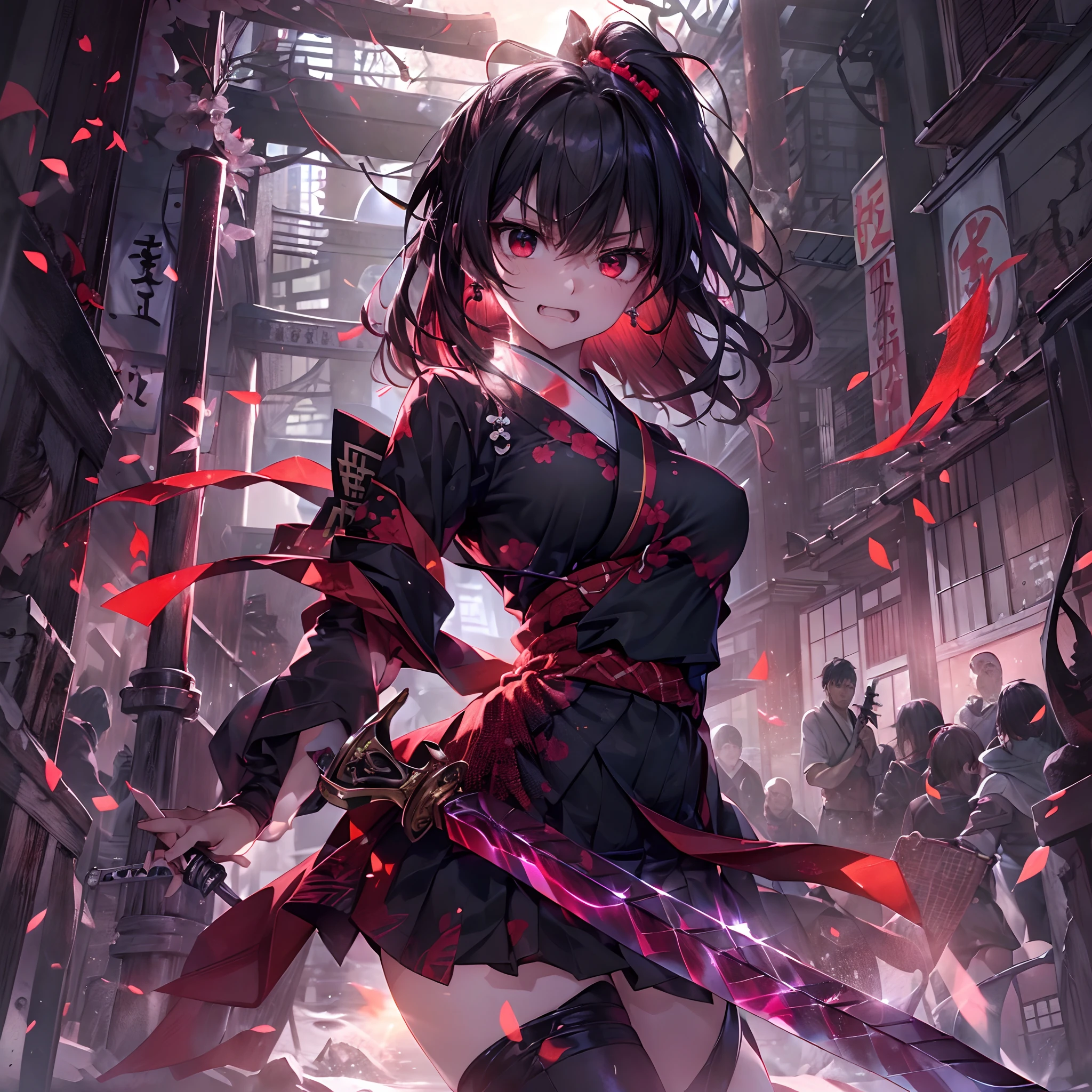 of the highest quality、masutepiece、ultra-detailliert、1womanl、Solo、25-years old、(underboob:1.3)、(Jet black uniform:1.3)、(Lens Flare:1.4)、(angry looking face:1.2)、(short twin-tailed black hair:1.2),Forehead, Shiny hair, Delicate beautiful face, (Laugh in a scary atmosphere:1.2),a red skirt、(Deep red eyes:1.4),(Japan holding a sword in your hand:1.5)、Midnight Ruins,red necklace、red earrings、Dark scenery