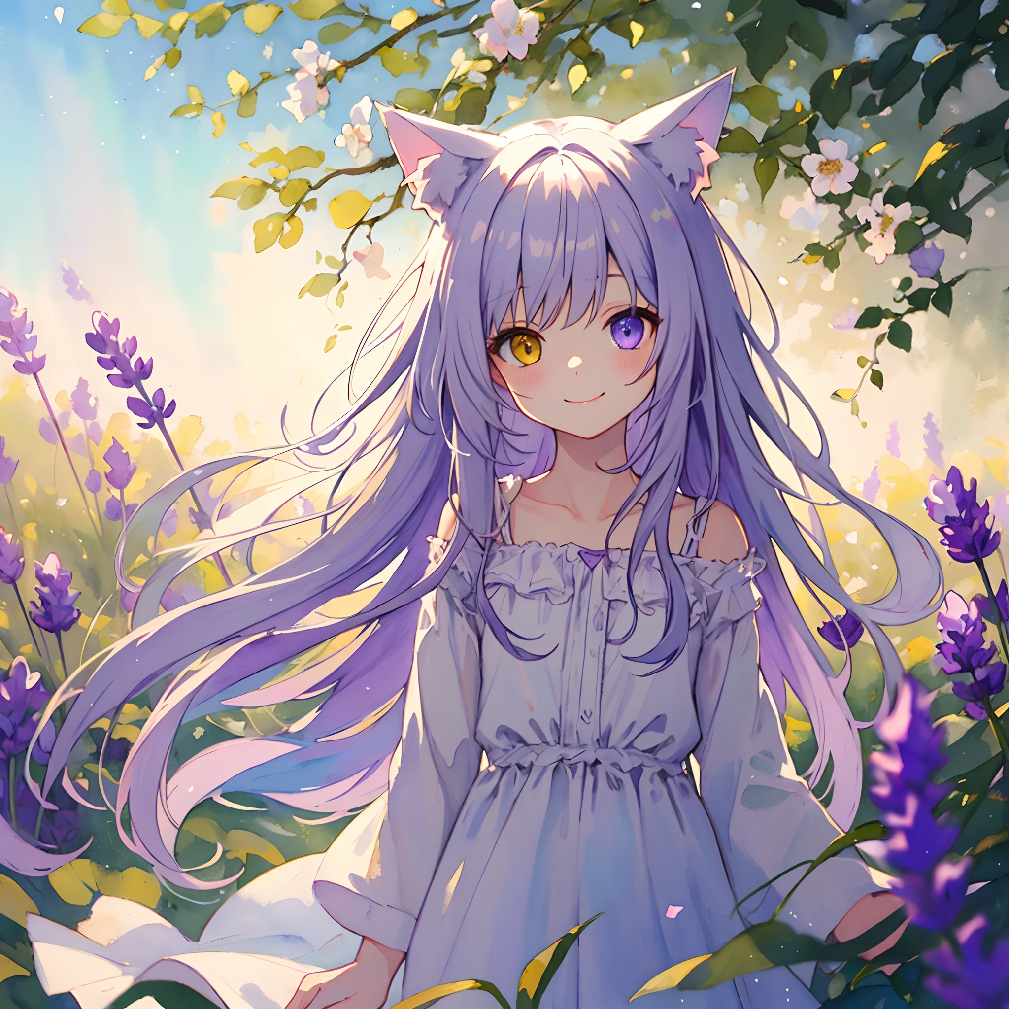 ((solo young catgirl)), lavender hair, nekomimi, simple plain background, relaxed, innocent smile, flowing hair, flowers, leaves, white light sundress, masterpiece, heterochromia, polychromia, (light background), (pastel colors), (muted colors), glow, soft, in the style of a watercolor painting, head tilt, perfect front illumination, depth of field