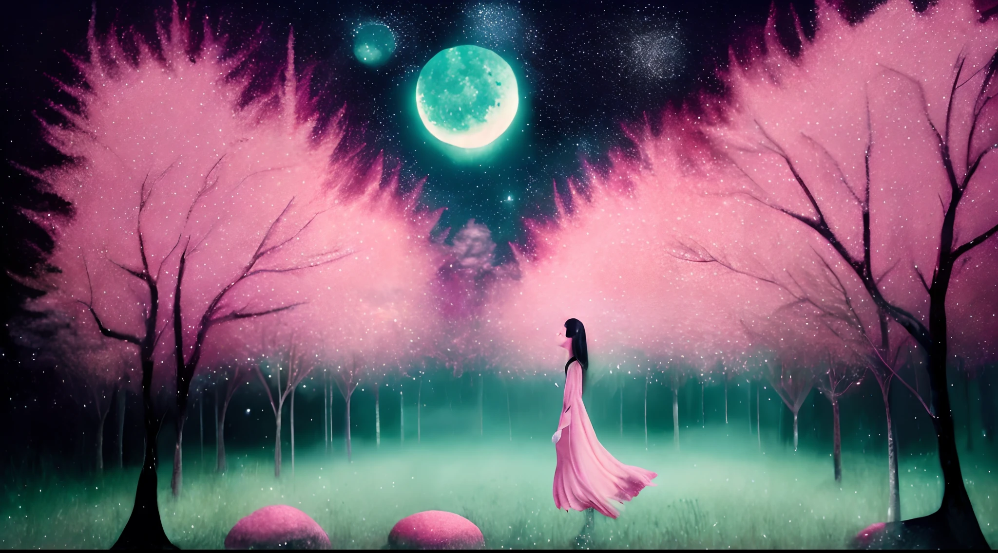 A girl in a cherry blossom forest, surreal ethereal atmosphere, with the presence of stars and magical elements. The scene is bathed in a soft pink hue, creating a dreamy ambiance. The moonlight shines through the branches, casting cascading shadows on the ground. The collision of light and shadows creates a mesmerizing play of colors and textures. The forest is enchanted by the presence of unknown crystal formations, emitting a vibrant green glow. The focus of the image is on the crystals, which serve as the focal point and centerpiece of the artwork. The crystals reflect the surrounding light, creating a captivating spectacle. The overall art style is in line with abstract painting, with bold brushstrokes and experimental textures. The color palette is dominated by shades of pink, creating a serene and mystical atmosphere. The lighting is carefully crafted to emphasize the magical elements and accentuate the interplay of light and shadows.