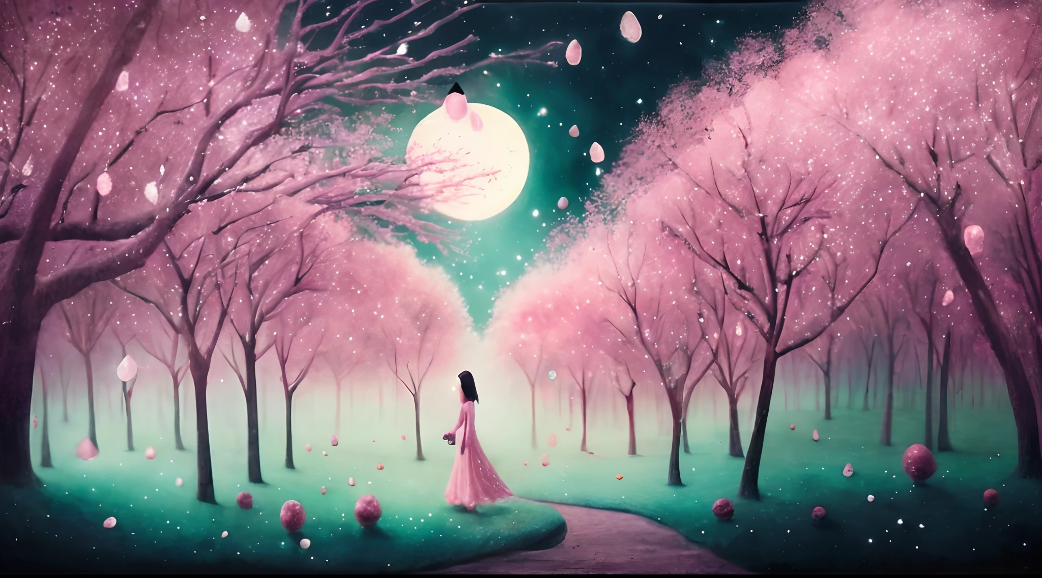 A girl in a cherry blossom forest, surreal ethereal atmosphere, with the presence of stars and magical elements. The scene is bathed in a soft pink hue, creating a dreamy ambiance. The moonlight shines through the branches, casting cascading shadows on the ground. The collision of light and shadows creates a mesmerizing play of colors and textures. The forest is enchanted by the presence of unknown crystal formations, emitting a vibrant green glow. The focus of the image is on the crystals, which serve as the focal point and centerpiece of the artwork. The crystals reflect the surrounding light, creating a captivating spectacle. The overall art style is in line with abstract painting, with bold brushstrokes and experimental textures. The color palette is dominated by shades of pink, creating a serene and mystical atmosphere. The lighting is carefully crafted to emphasize the magical elements and accentuate the interplay of light and shadows.