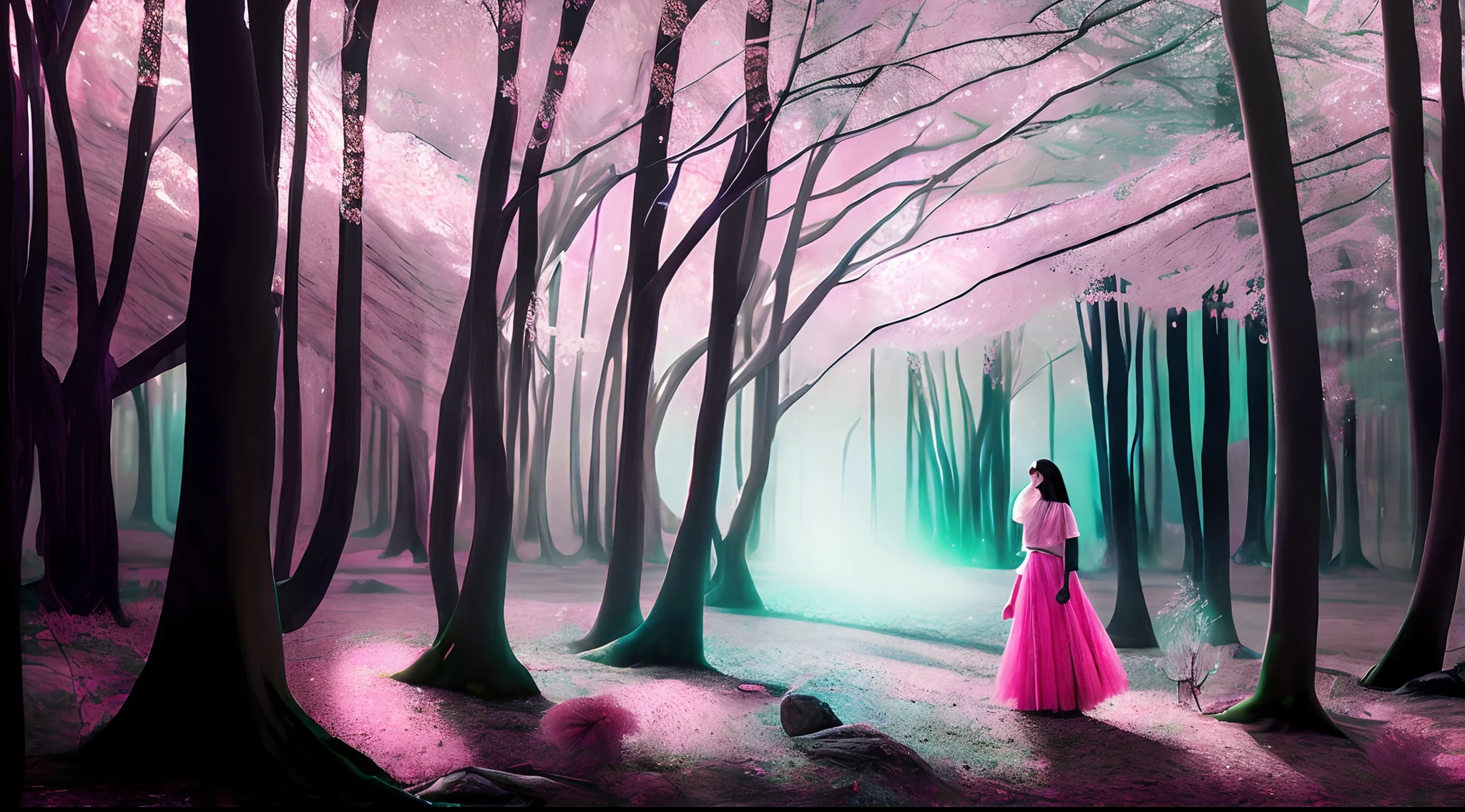 A girl in a cherry blossom forest, surreal ethereal atmosphere, with the presence of stars and magical elements. The scene is bathed in a soft pink hue, creating a dreamy ambiance. The moonlight shines through the branches, casting cascading shadows on the ground. The collision of light and shadows creates a mesmerizing play of colors and textures. The forest is enchanted by the presence of unknown crystal formations, emitting a vibrant green glow. The focus of the image is on the crystals, which serve as the focal point and centerpiece of the artwork. The crystals reflect the surrounding light, creating a captivating spectacle. The overall art style is in line with abstract painting, with bold brushstrokes and experimental textures. The color palette is dominated by shades of pink, creating a serene and mystical atmosphere. The lighting is carefully crafted to emphasize the magical elements and accentuate the interplay of light and shadows.