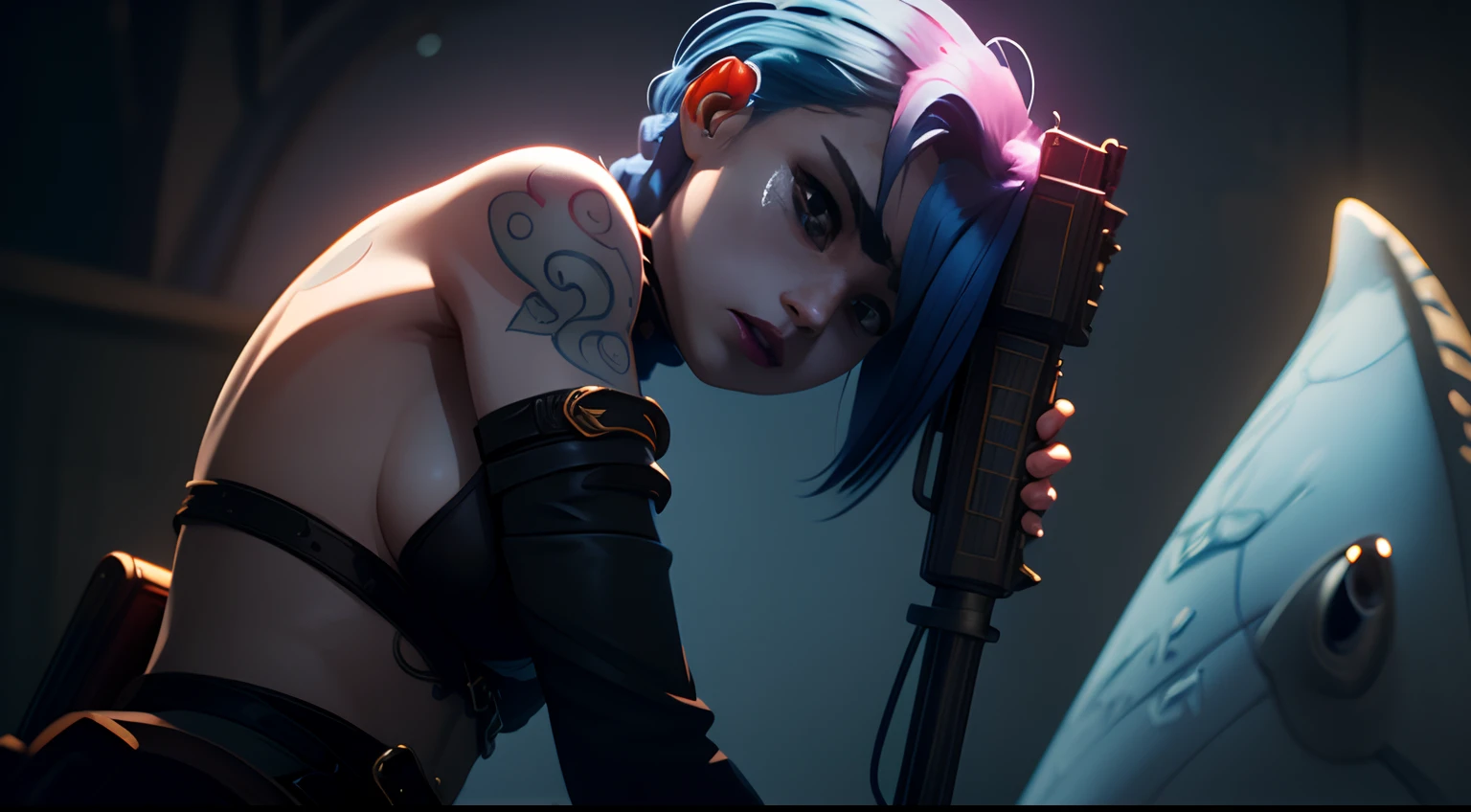 Jinx's character design, Holding a grenade launcher in the shape of a shark, crying, Hot Pink Tears, shoots, Screams, Explosions in the background, half naked, beautiful breasts, Sexy, Arcane's Jinx, sexypose, waves his hand, Pink glowing eyes, hairlong, hairsh, braided into long braids, Pigtails hang below the knee, Hair color changes from bright blue to navy blue, Dressed in brown breeches, Leather boots on the feet, Top with four gold circles on the chest in the middle of the chest, Blue cloud tattoos on shoulders and waist, Long bangs, hanging on the right side, Belt with cartridges on the belt, A pistol in a holster on his left leg, Arcane style, extremely detailed CG unity 8k wallpaper, detailed light, Cinematic lighting, chromatic aberration, glittering, expressionless, epic composition, dark in the background, Cherecter Desing, Very detailed, Detailed body, Vibrants, Detailed Face, sharp-focus, anime art, Vibrants, Detailed Face, Hugh Details, sharp-focus, Very drooping face, A detailed eye, super fine illustration, better shadow, finely detail, Beautiful detailed glow, Beautiful detailed, Extremely detailed, expressionless, epic composition, Presented at artstation, Octane Render, artstation hd, Cinematic, 4 thousand., hypermaximalist, elegant