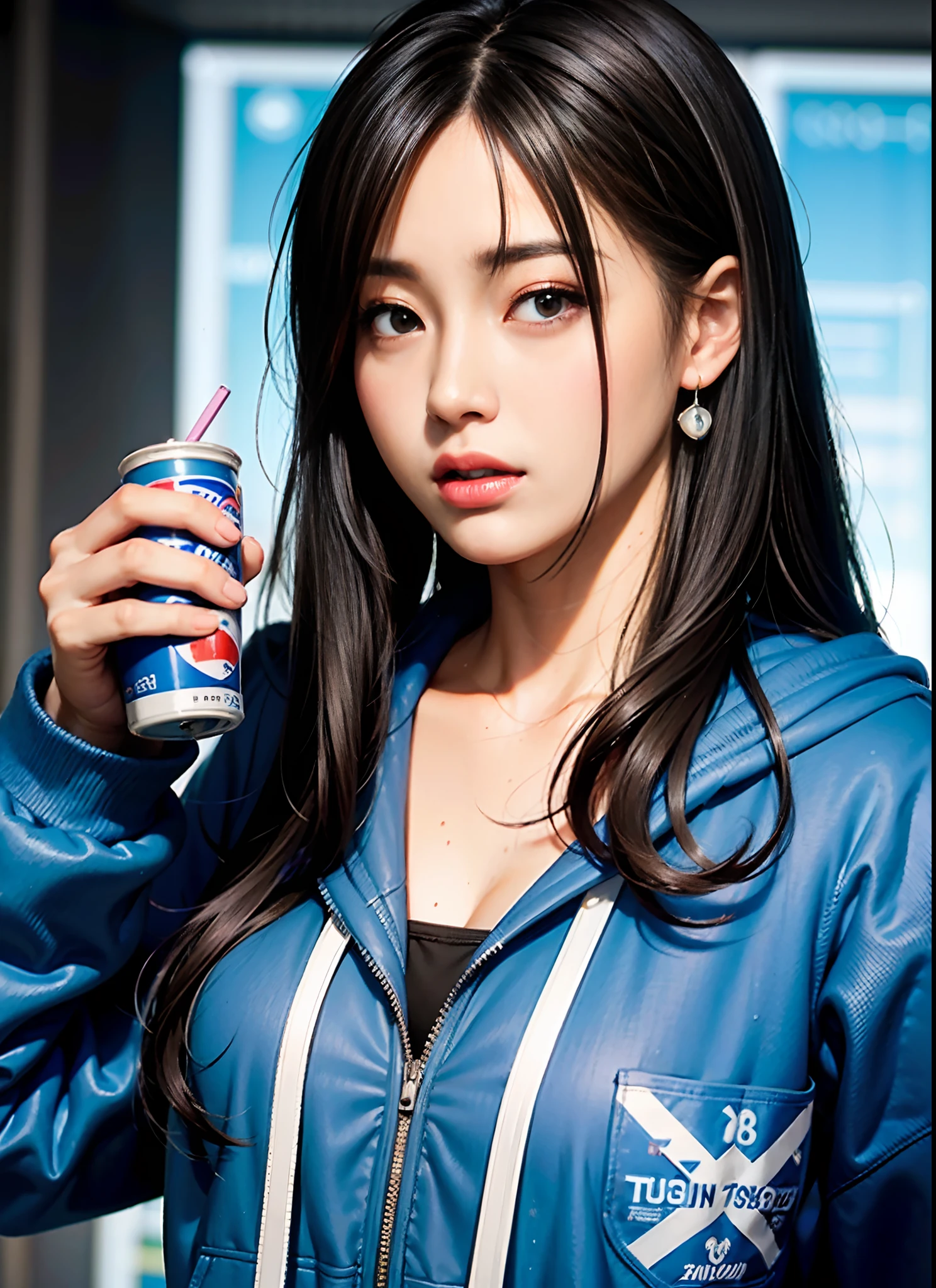 Alafed asian woman with long hair and smile，headshot profile photo, cute - fine - face, Alafe in blue hoodie with Pepsi can and drink, Wearing a blue hoodie, girl wearing hoodie, Blue Hoodie, wearing an oversized hoodie, wearing a neon blue hoodie, Wearing hoodie, oversized hoodie, Wearing a hoodie, japanese streetwear, Wearing a hoodie and sweatpants, black haired girl wearing hoodie, ulzzangs, in a hoodie, 🤤 girl portrait，japanes，20 year old beautiful woman，Full of smiles，(2 young girls), beautiful girl with beautiful details, extremely detailed eye and face, Staring at me, Open mouth slightly, shyly smile, Raw photo, (Best Quality:1.2), 8K, high details, hight resolution, With the highest quality, High-definition raw color photos, professional photograpy, Cinematic Light, (Fine face:1.2), (Beautiful breasts:1.2), (Bikini with wide open breasts:1.5), Beautiful breasts, Beach, (((Bokeh))), depth of fields,