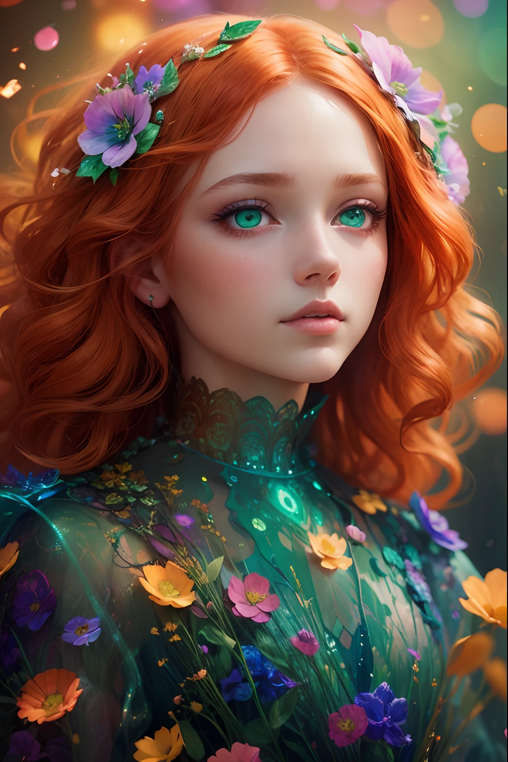 A beautiful princess, glass face, ultra detailed face, (full body:1.3), surreal art, psychedelic art, flowers, holographic glow, art by Mschiffer, green eyes and ginger hair, motion effects, psychedelic motion effects, triadic colors