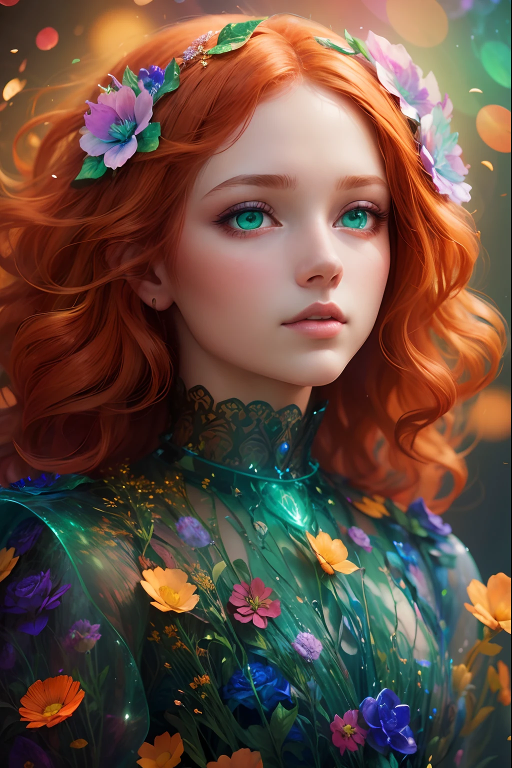 A beautiful princess, glass face, ultra detailed face, (full body:1.3), surreal art, psychedelic art, flowers, holographic glow, art by Mschiffer, green eyes and ginger hair, motion effects, psychedelic motion effects, triadic colors