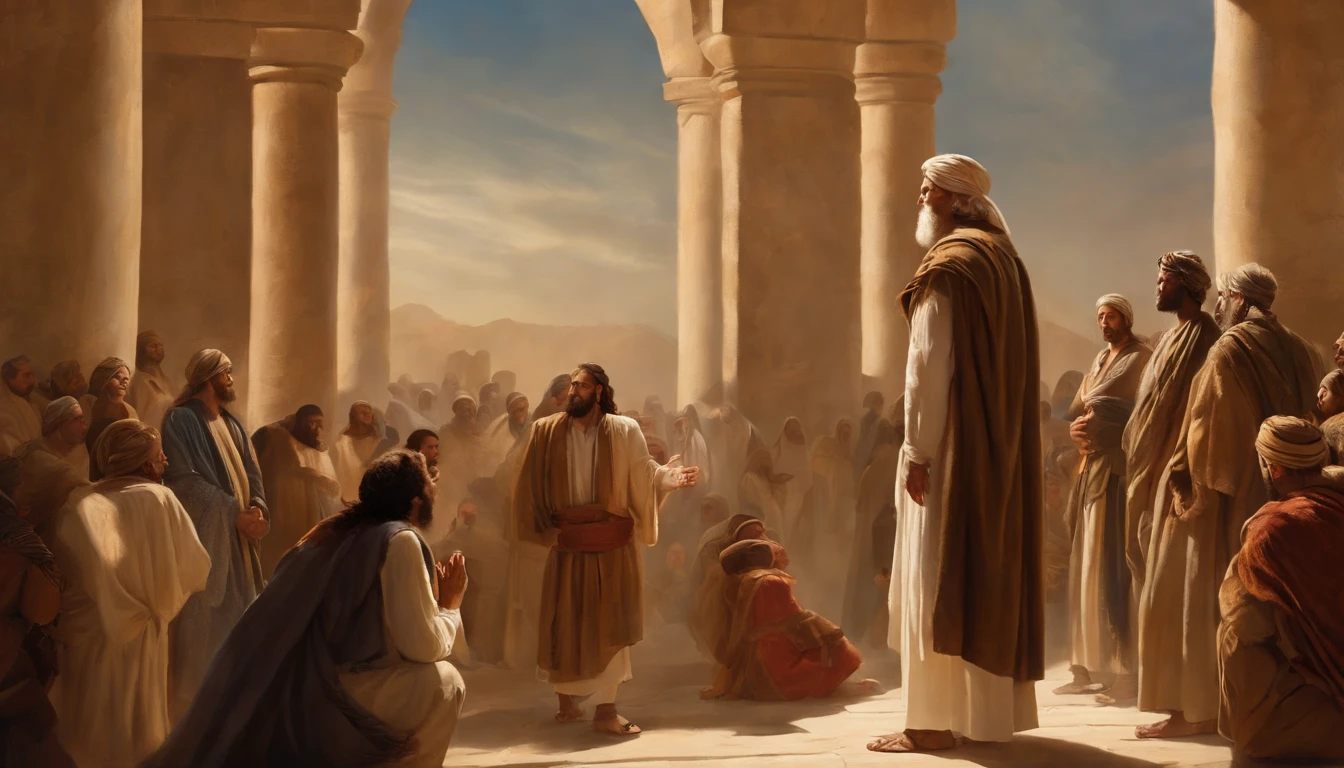 Jeremiah calls the Israelites to repentance, The Cry of the Prophet,Gatherings with large numbers of people, papyrus,Weathered parchment,Old gowns,,History reference,High-quality artwork and details,Realistic portrait style,Subtle color palette,vibrant background,natural textures,Deep Shadows,Subtle highlights,Historical accuracy,meticulous attention to detail,Emotional depth and intensity,Authentic Representation,Thought-provoking,Spiritual atmosphere,A Sense of Ancient Wisdom,Profound impact