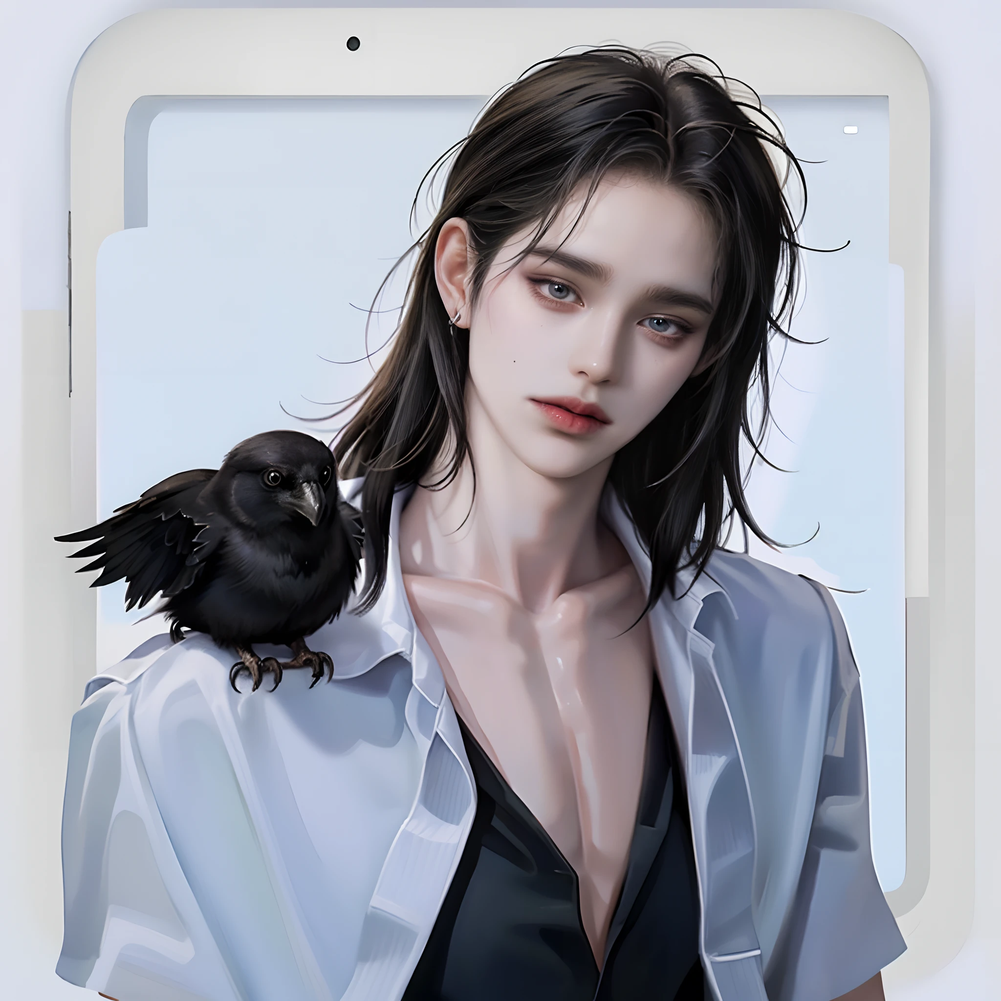 ((4K works))、masterpiece、(top-quality)、((high-level image quality))、((one beautiful women))、Slim body、((Black Y Shirt Fashion))、(Detailed beautiful eyes)、Crow on black horror background、((Face similar to Chaewon in Ruseraphim))、((shoulder-length hair))、((bright silver hair))、((Smaller face))、((Neutral face))、((Light blue eyes))、((Korean Women))、((18year old))、((Wild Lady))、((Wild look))、((Show your fangs and laugh))、((Korean makeup with black eyeshadow))、((elongated and sharp eyes))、((Shot alone))、((Fallen Angel))、((Fallen Angel Woman))、Photos of fallen angels、Villain、((amazing photo))、Horror Pictures、((There is a crow on the right shoulder))、Dark Proof、((Shot diagonally from the side))、((Icon Photo))