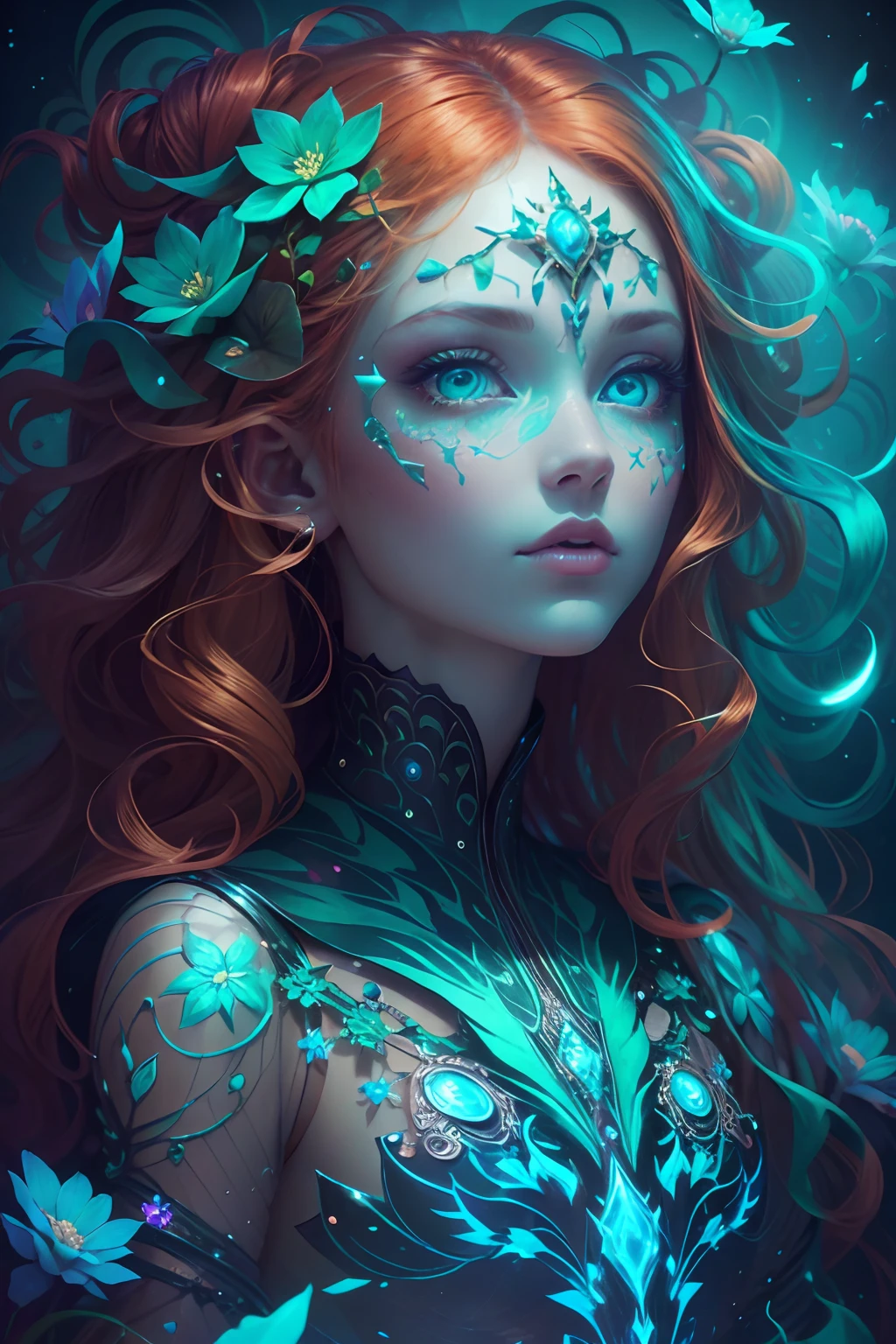 A beautiful princess, glass face and skin made of glass, ultra detailed face, (full body:1.3), surreal art, psychedelic art, flowers, holographic glow, art by Mschiffer, green eyes and ginger hair, motion effects, psychedelic motion effects, triadic colors