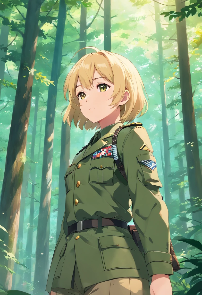 1 woman, beautiful, cute, detailed full body shot, Upper body up,<lora:DETAIL_SLIDER_BY_STABLE_YOGI:2> <lora:Army uniform By Stable yogi:0.8>wearing army camouflage uniform, rifle, forest, camp,
Brown Gloves,large breasts,blue eyes,blond hair,disheveled hair,
Beautiful light and shadow in the forest,