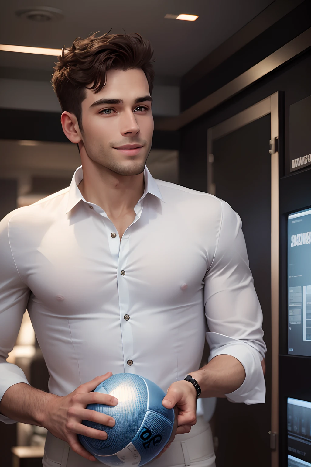 attractive athletic man with short brown hair in Hugo boss business suit, full body shot, smile