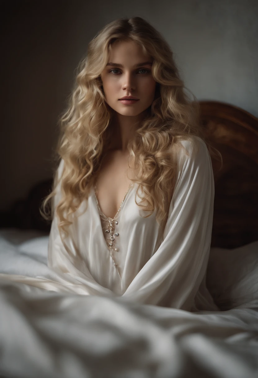 Photo of a 20-year-old European girl, raw, Beautiful woman, (Extra long wavy blonde hair), ((Portrait)), ((Detailed face:1.2)), ((detailed facial features)), (finely detailed skin), pale skin, , wrapped in a sheet, Bedroom environment, Lying on the bed, (cold color), moist, moist, Reflectors, (masutepiece) (perfectly proportions)(photos realistic)(Best Quality) (Detailed) photographed in a Canon EOS R5, 50mm Lens, F/2.8, nffsw, (8K) (Wallpaper) (Cinematic lighting) (Dramatic Lighting) (foco nítido) (Convoluted) Fashion, From above