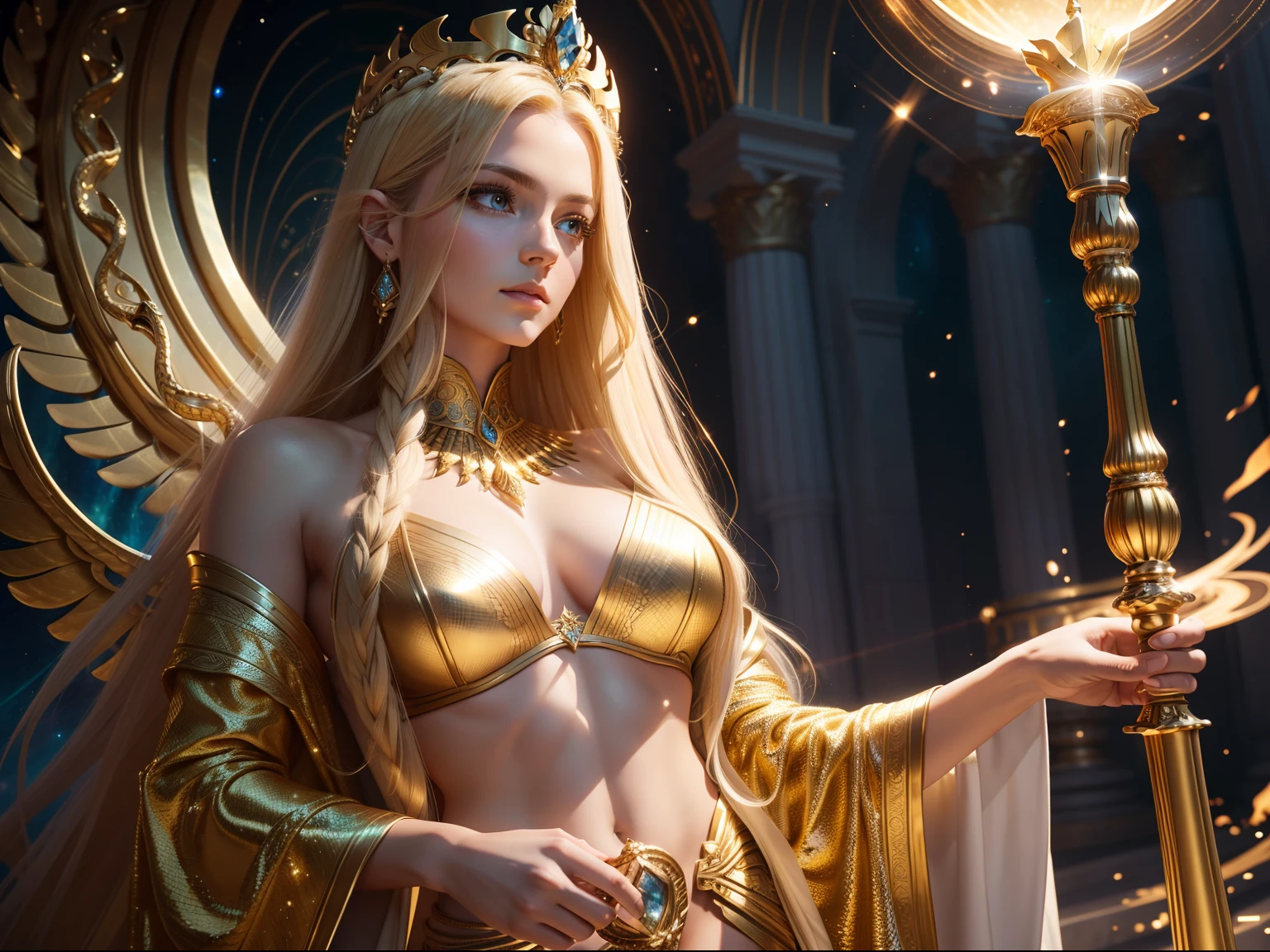 Realistic waist up photo of a Goddess Thesis, ethereal body, a python wrapped around the body,  wears a white and gold robe, winged body, beautiful European woman, golden crown on his head, blond (long hair), holds a golden scepter in his hand, smooth serpent scales (light and shadows detailed), cinematic image, glowing particles, background cosmic  ((masterpiece)). Professional photo, waist up photo, ultra sharp focus on the woman. RAW analog photography, 80mm f2.8 lens, best quality, ultra detailed, 8k, intricate details, minute details , details depiction, realistics details,