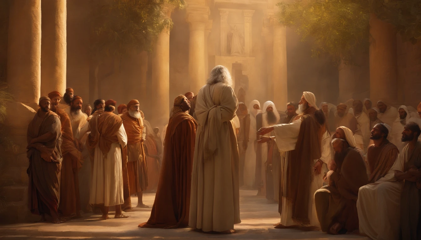 Jeremiah calls the Israelites to repentance, The Cry of the Prophet,Gatherings with large numbers of people, papyrus,Weathered parchment,Old gowns,,History reference,High-quality artwork and details,Realistic portrait style,Subtle color palette,vibrant background,natural textures,Deep Shadows,Subtle highlights,Historical accuracy,meticulous attention to detail,Emotional depth and intensity,Authentic Representation,Thought-provoking,Spiritual atmosphere,A Sense of Ancient Wisdom,Profound impact