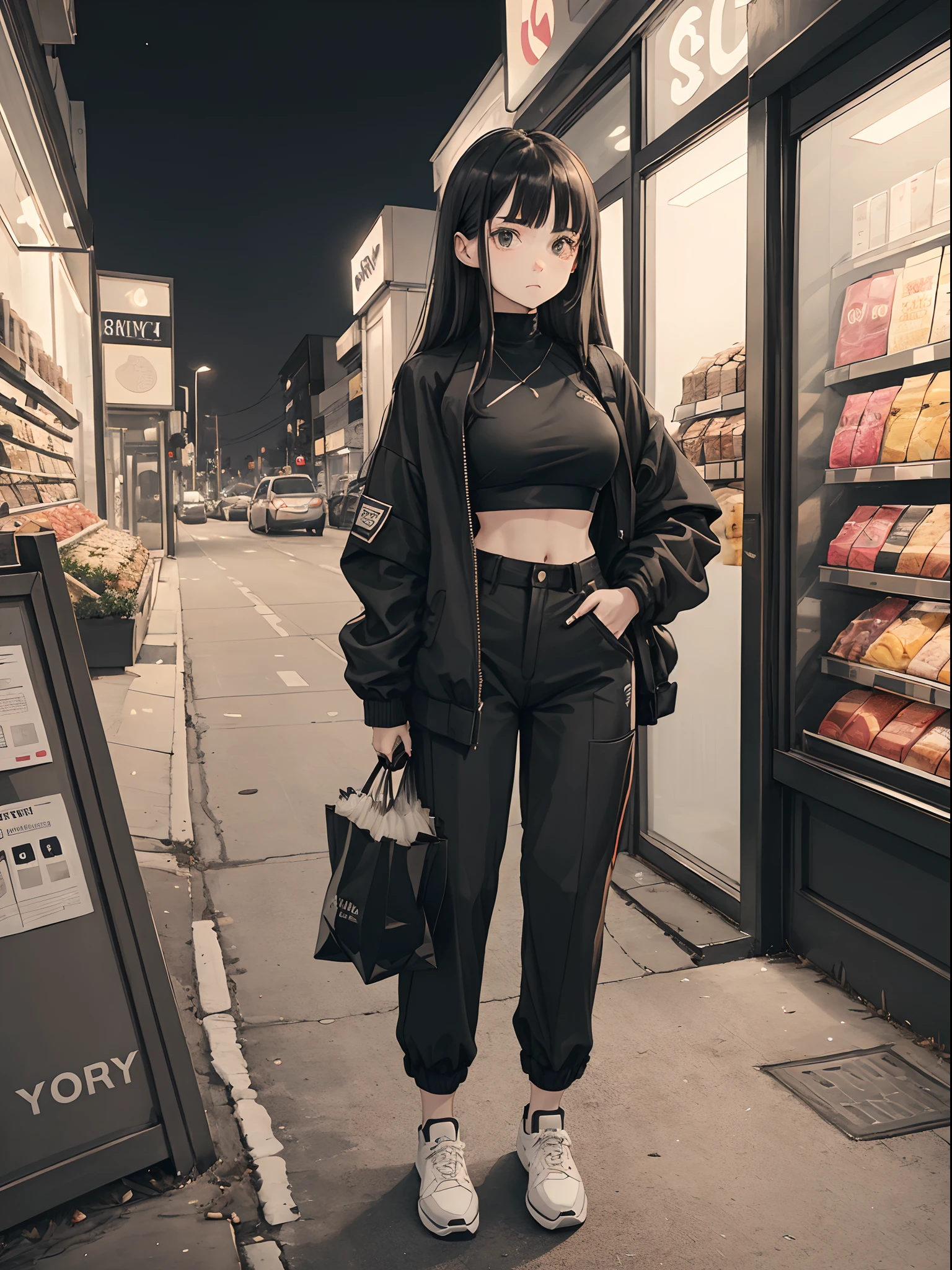 1 girl, standing, wearing black crop top, black jacket, black pants, and white shoes. holding a bag of groceries, worrying expression, beautiful face, white long hair, 18 years old. night time at the outside of a store background.