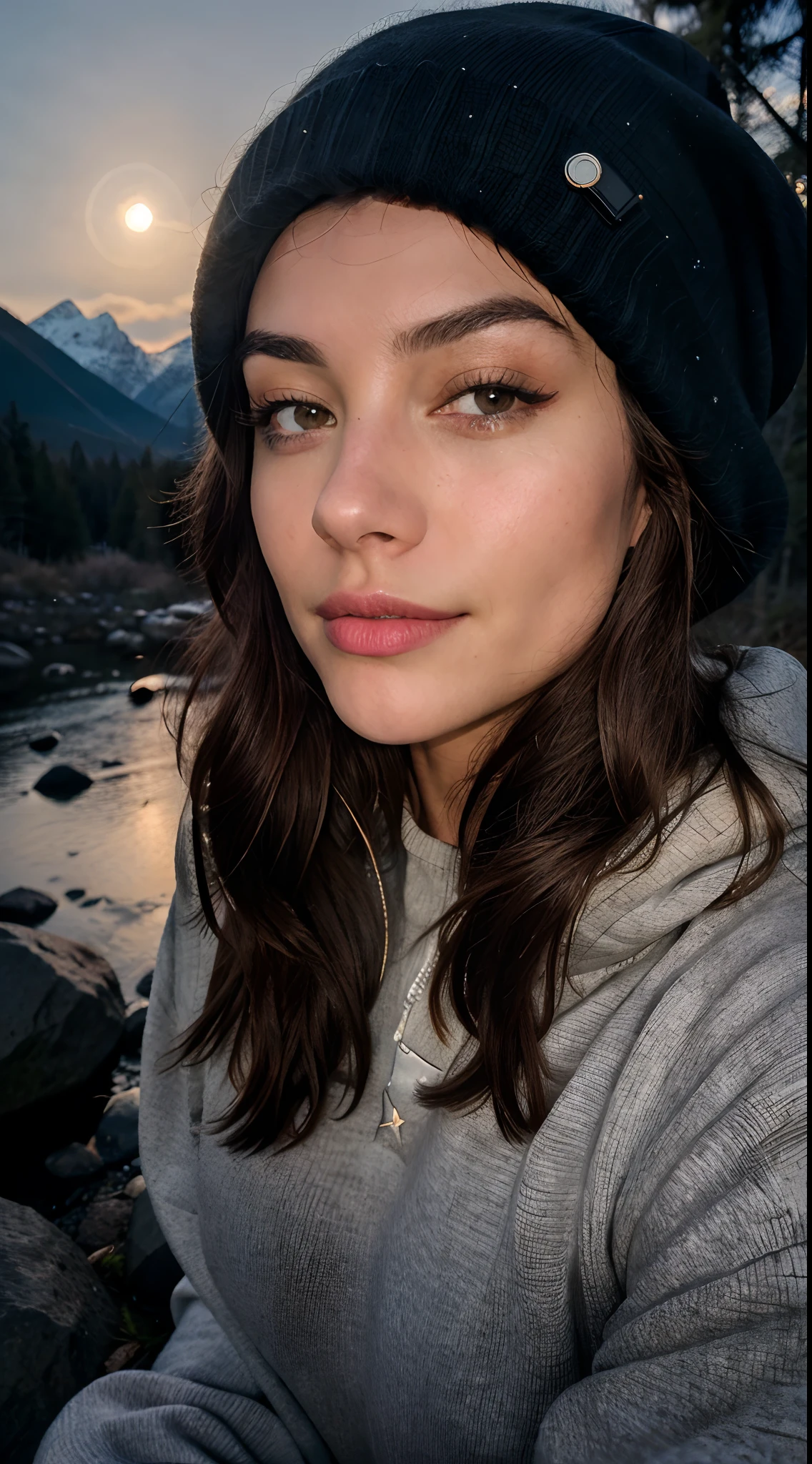 photorealistic, best quality, hyper detailed, beautiful woman, selfie photo, upper body, solo, wearing pullover, 3 different style and cloths ,outdoors, (night), mountains, real life nature, stars, moon, (cheerful, happy), sleeping bag, gloves, sweater, beanie, flashlight, forest, rocks, river, wood, smoke, fog, clear sky, analog style, looking at viewer, skin texture, film grain, close up, ultra high res, best shadow, RAW, instagram LUT