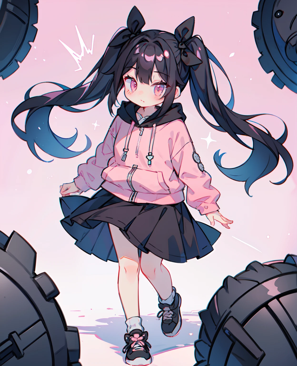 Long Black Hair, Pink Inner, Twin-tailed, White blouses, Black ruffled skirt, a black ribbon, Hoodie with pink zipper, Raw feet, Black shoes, Kawaii,