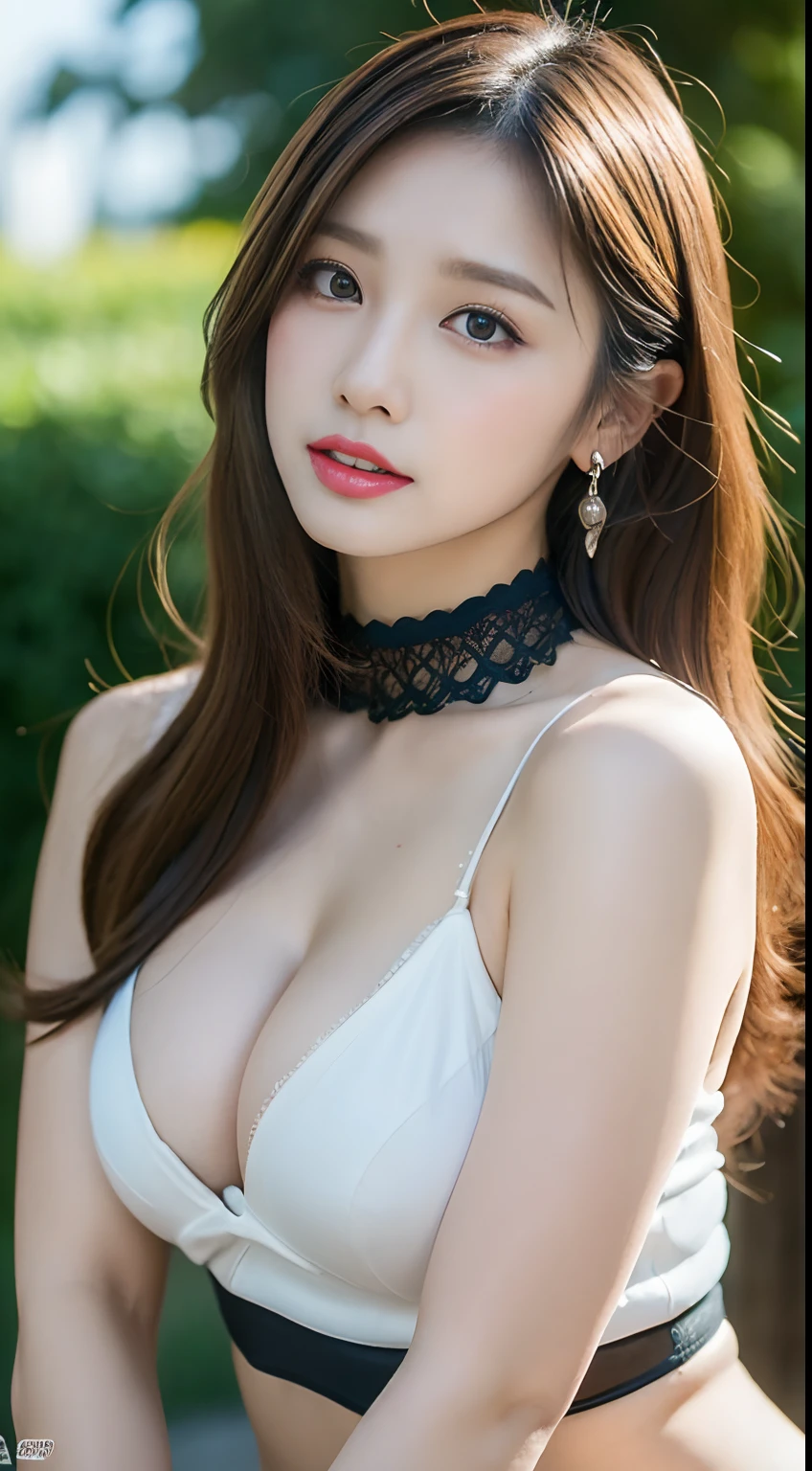 (masterpiece, best quality, intricate details, chromatic aberration), (realistic),(skin),, tempting pose,outdoors,( long legs:1.2), , ((intricate detailed)), ((Hyperrealistic)), absurd res, milf, mature woman, perspective, highly detailed, illustration, big breasts, large, perfect hands, detailed fingers, beautiful detailed eyes, long hair, brown eyes, nametag,black choker, earrings, detailed background,perfect eyes, seductive eyes, looking at the viewer, thighs, nice ass(2 gorgeous beautiful 30 age years old sexy korean women:1.1), (kpop idol, korean mixed),(2girls:1.6), (1boy,, ffm threesome, breasts squeezed together, cooperative paizuri:1.3),
