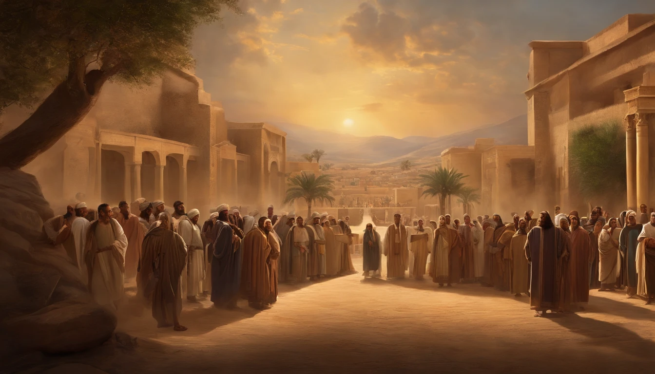 Jeremiah calls the Israelites to repentance, The Cry of the Prophet,Gatherings with large numbers of people, papyrus,Weathered parchment,Old gowns,,History reference,High-quality artwork and details,Realistic portrait style,Subtle color palette,vibrant background,natural textures,Deep Shadows,Subtle highlights,Historical accuracy,meticulous attention to detail,Emotional depth and intensity,Authentic Representation,Thought-provoking,Spiritual atmosphere,A Sense of Ancient Wisdom,Profound impact