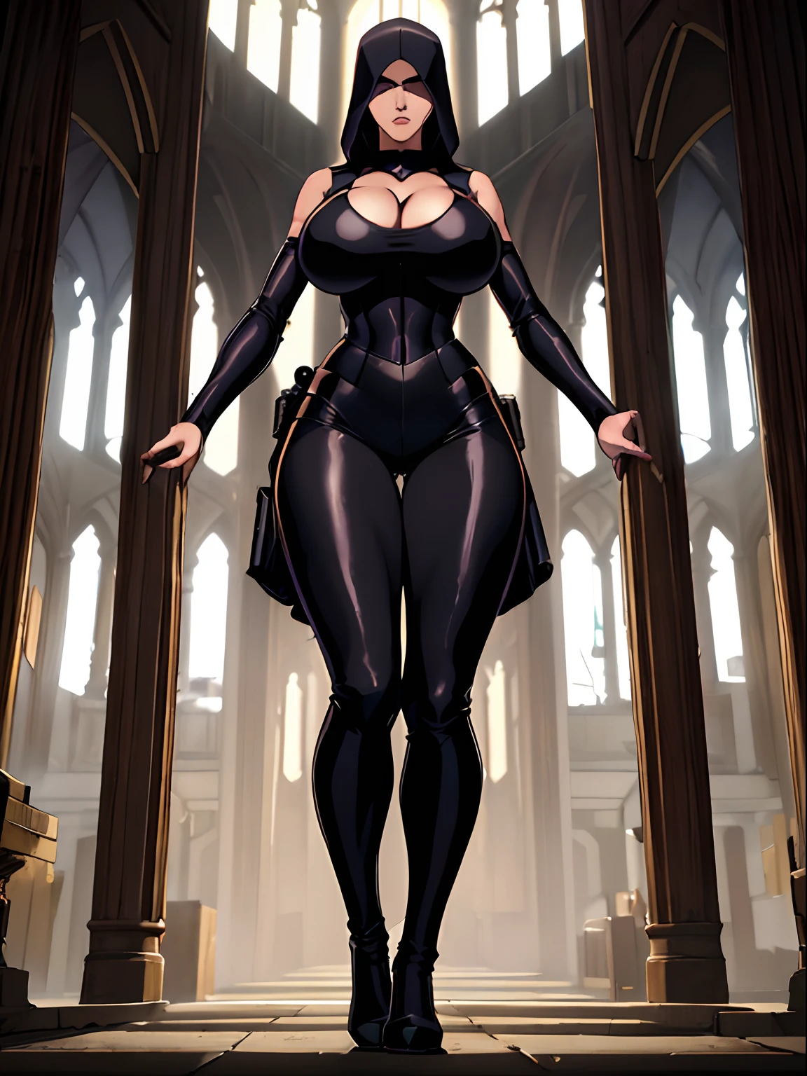 (masterpiece, top quality, best quality, official art, beautiful and aesthetic:1.2), (1girl:1.3), light freckles, fair skin, extremely detailed, portrait, looking at viewer, solo, (full body:0.6), detailed background, close up, (dark gothic theme:1.1), nun with guns, charlatan, smirk, mysterious, swaggering through cathedral, modest attire, black habit, cowl, nun hood, wimple, thigh-high boots, bodysuit, leotard, corset, leather straps, ammunition pouches, long boots, submachineguns, SMGs, MP5s, thigh pouches, holsters, garters, ((((narrow hips, slim sexy body, gigantic breasts)))), slim waist, slim hips, long legs, modern (cathedral exterior:1.1) background, dark mysterious lighting, shadows, magical atmosphere, dutch angle,