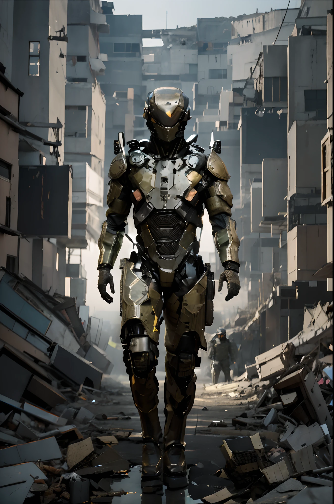 Foto realista, Cinematographic photo, full body, Front vision of a Human in a Wearable militar Exoskeleton in a destroyed city, futuristic full helmet, fog, walking straight ahead,