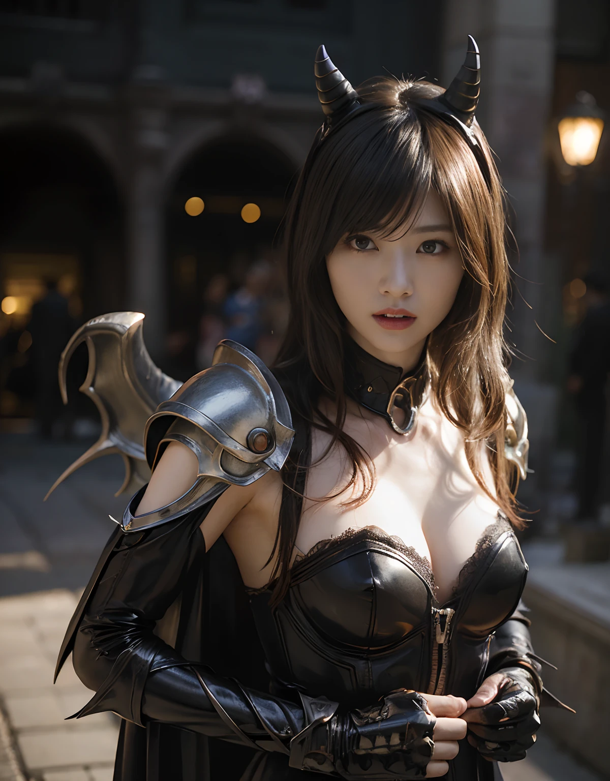 (One Knight Girl)、top-quality、​masterpiece、超A high resolution、(Photorealsitic:1.4)、Raw photo、女の子1人、Fight mutants、（Wear the Dark Knight's Armor）、glowy skin、(((Dark Fantasy)))、With a beautiful sword and shield、（Black Metal Bodysuit）、(Fight goblins、ogre、Fierce battle with orcs),（Fight fiercely against aliens）、Fight fiercely、(Skeleton collective background),(Background of decaying dungeon ruins)、（Skeleton helmet）、(Fighting Demonic Beasts)、(Small LED)、((super realistic details))、portlate、(Strong giant demon beast background),globalillumination、Shadow、octan render、8K、ultrasharp、Colossal tits、Raw skin is exposed in cleavage、metals、Details of complex ornaments、Japan details、highly intricate detail、Realistic light、(Mystical expression),CGSoation Trends、Red Eyes、radiant eyes、Facing the camera、neon details、(Mechanical limbs)、(blood vessels connected to tubes)、()、Gundam、Small LED、Toostock、（Fight aliens on another planet）、（Attack of the Monster Beasts）、（Wounded in a deadly battle）、