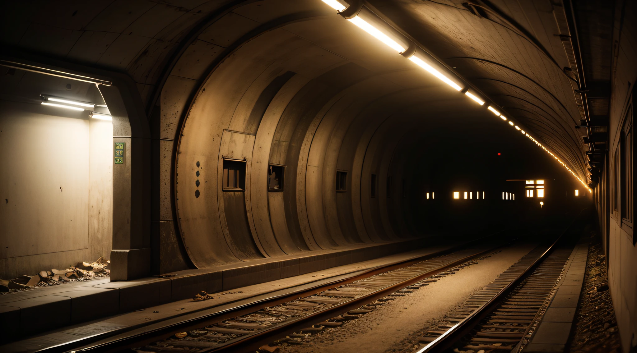 Horror realistic train tunnels are dilapidated at night