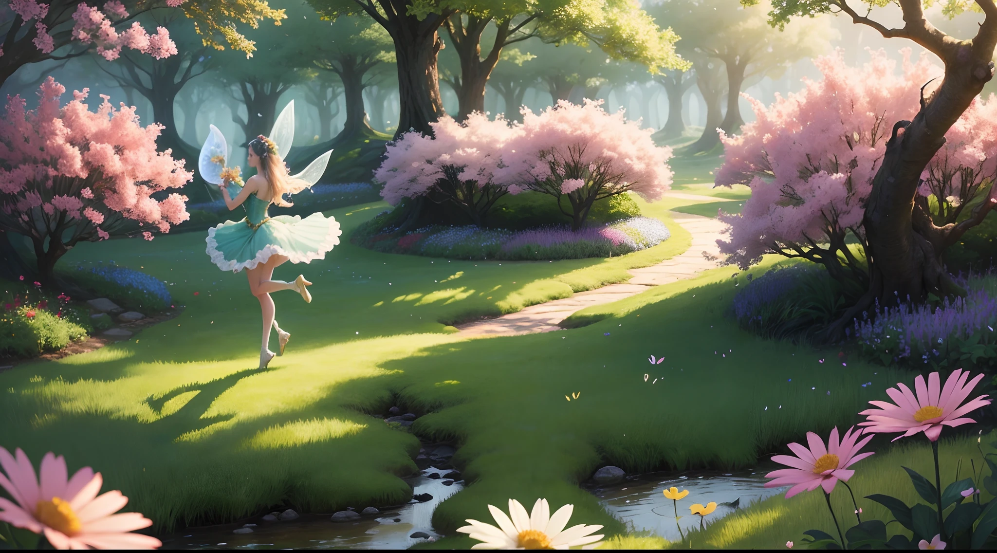 Design a scene where fairies dance among the flowers in the hidden world of Elandria
