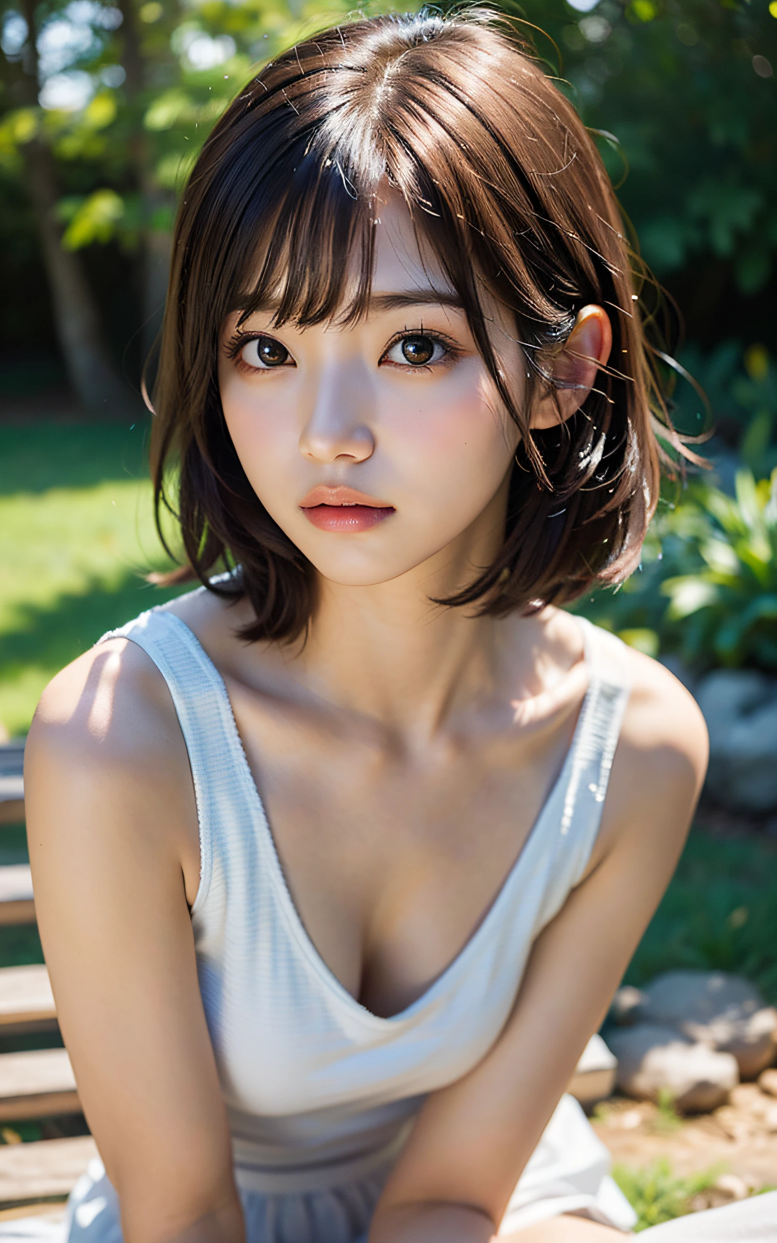 (masutepiece:1.3), (8K, Photorealistic, Raw photography, Best Quality: 1.4), Soft light, Professional Lighting, 1girl in,  ************, Cute, Neat and clean beauty, sad, Brown Short Hair, Bangs, Outdoors