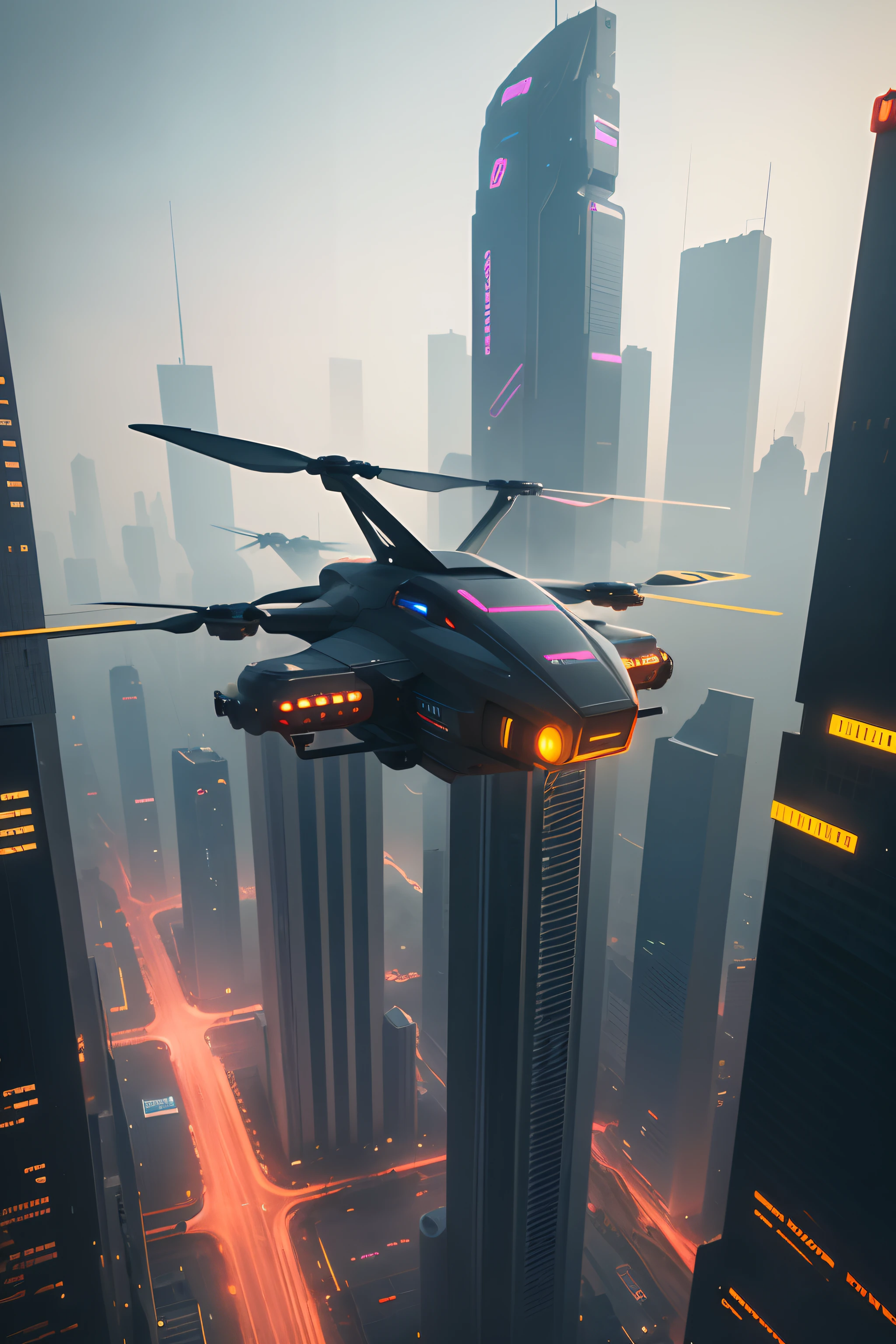 Lots of drone-type flying cars, decadent future Shinjuku, oblique aerial shots, smog, Blade Runner, cyberpunk city sharp focus, complex, Zbrush, high contrast, high dynamic light, high detail, 3D, ray tracing, Unreal Engine, Octane Render