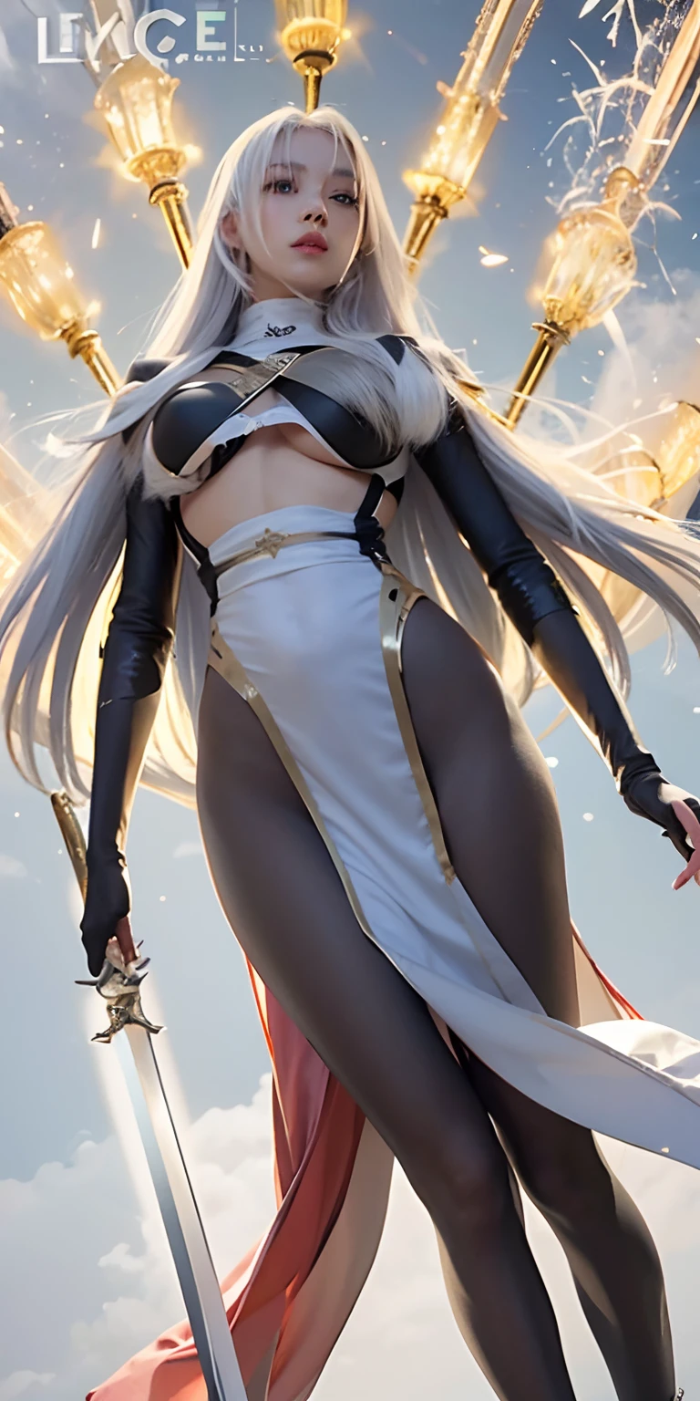 1girl,big breast,white hair,long hair,white and black clothes,holding a sword,ultra detailed