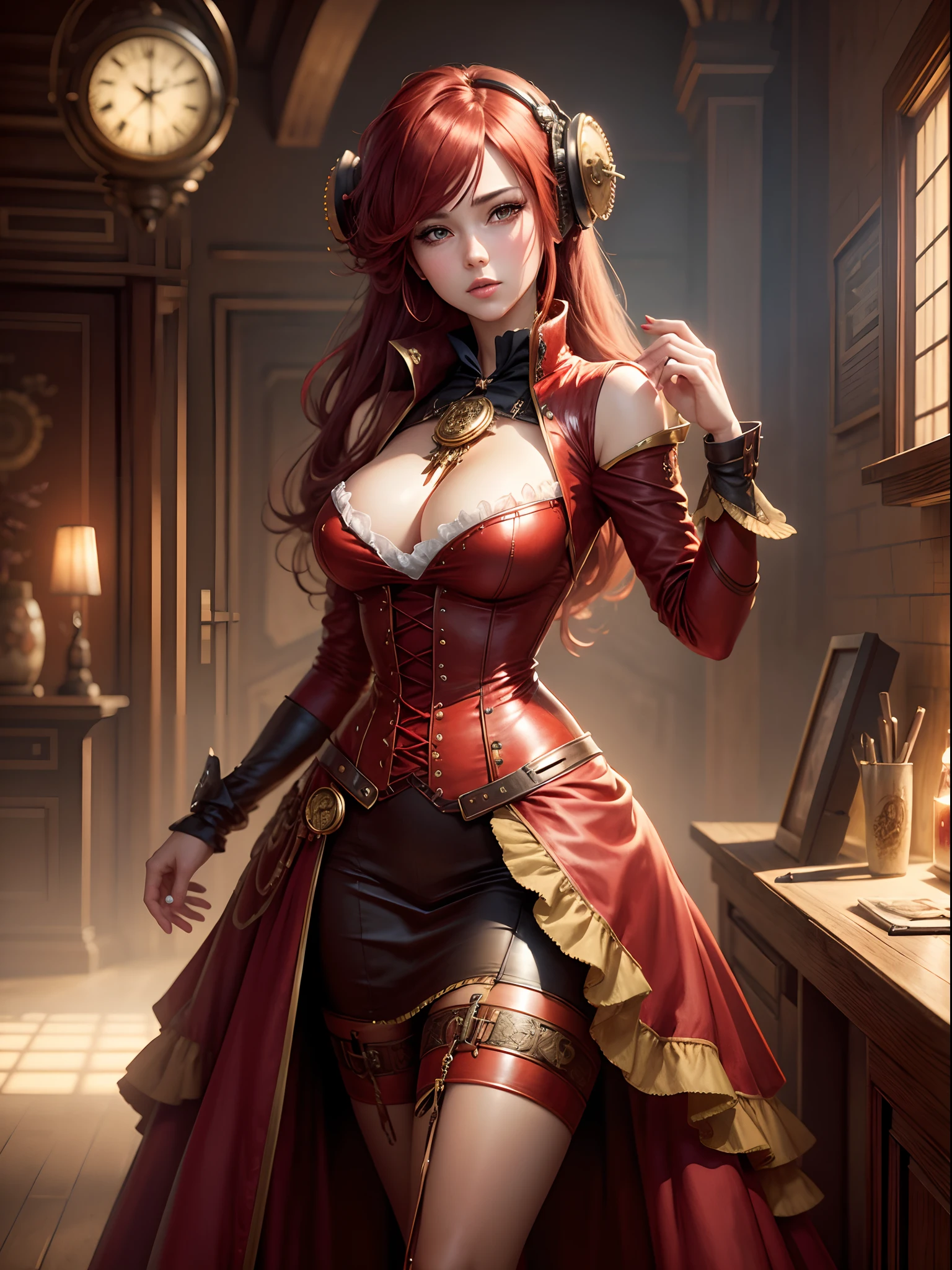 vintage, wallpaper, 4k, steampunk, realistic anime girl, red gown