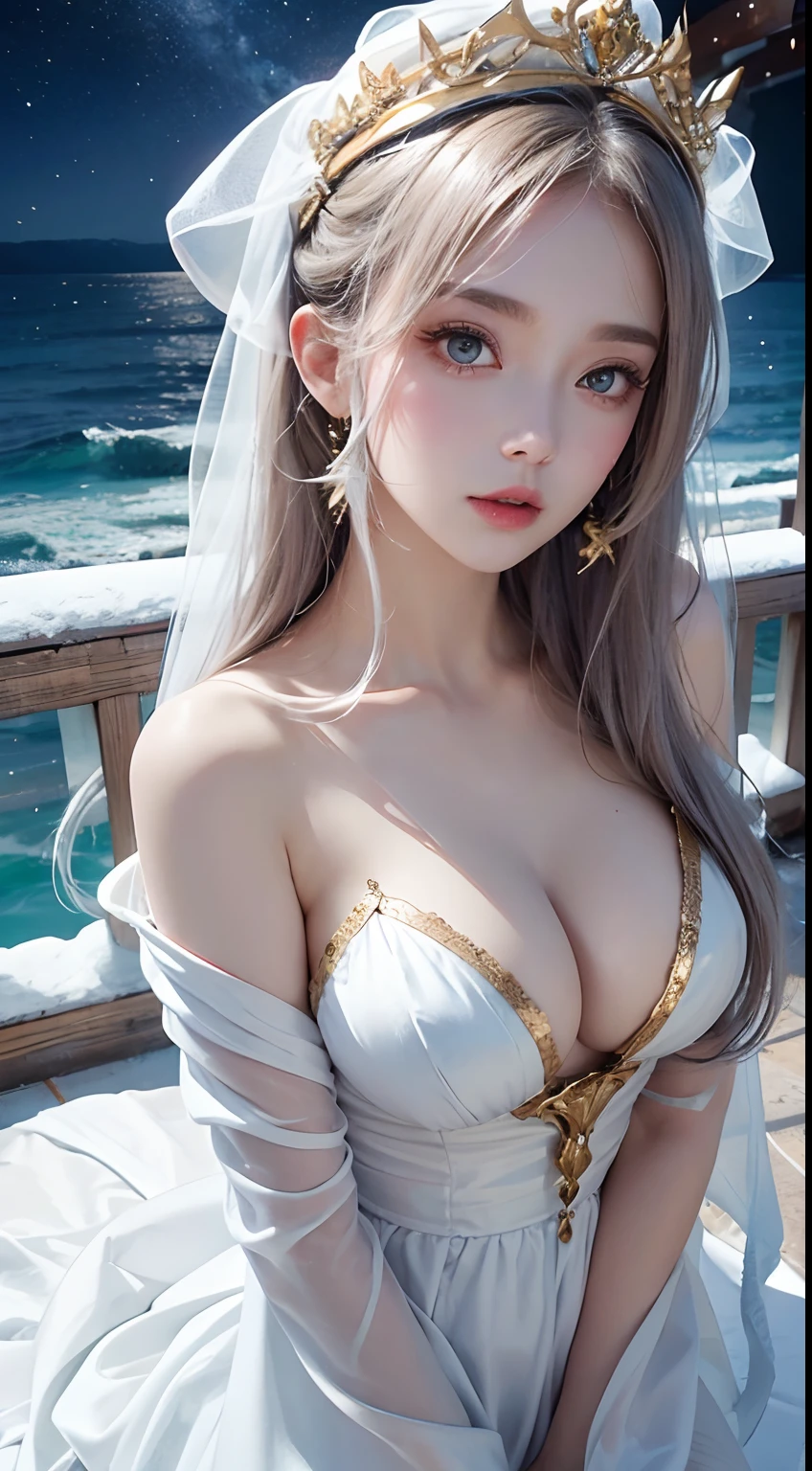 Sexy goddess,best qualityer,Snow-whiteskin,8K high quality,Sexy goddess,A pair of big eyes are beautiful and moving,Golden crown,Dressed in white veil,White skin,Makeup,Red long-haired,curlies,Sexy outfit,Volt view,Look up,Equipped with,gold;jewely;Blue Electric,Space-time gate,milky ways,the ocean,swell sea,lighthouse,shoreline