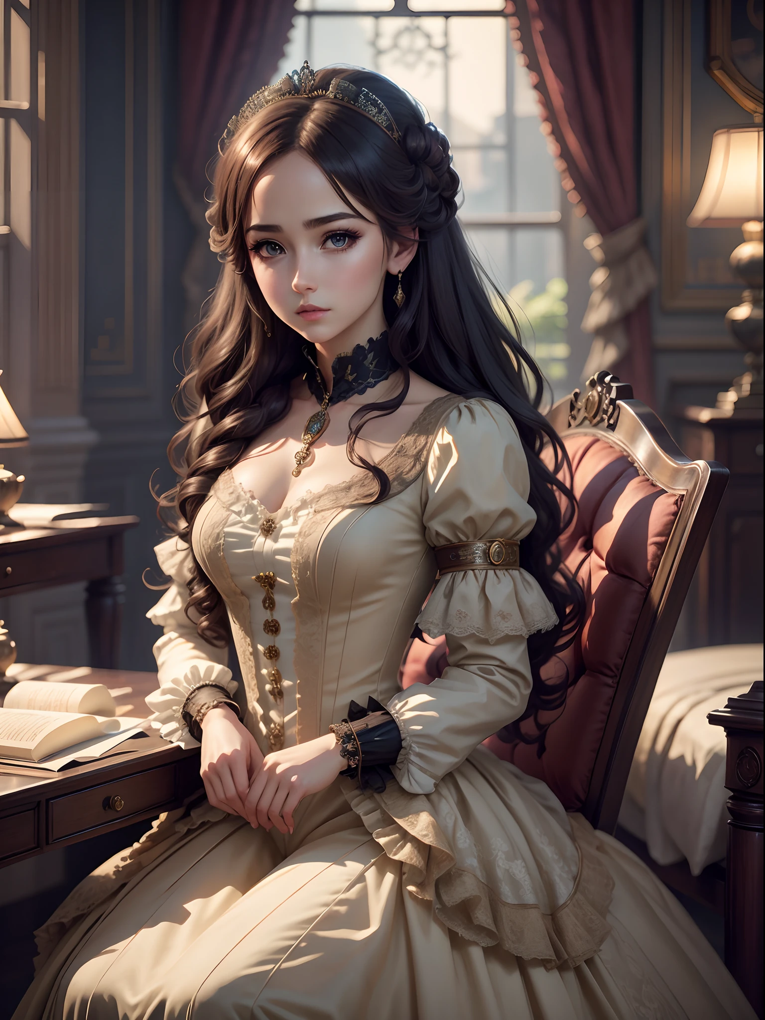 vintage, wallpaper, 4k, steampunk, realistic anime girl, gown