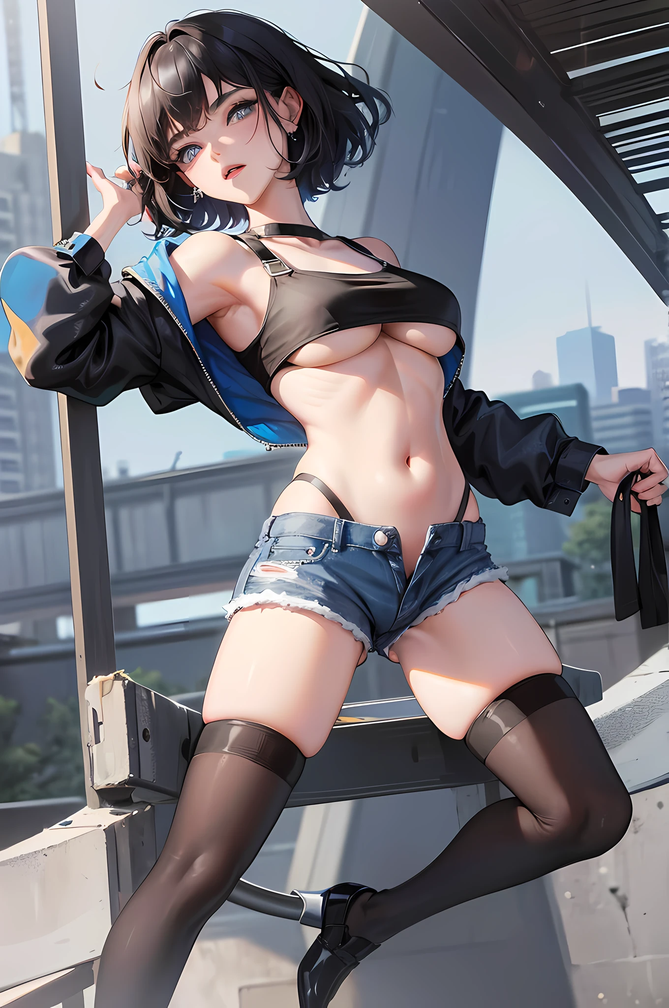 1girl, short black hair, blue eyes, crop top, underboobs, denim shorts, city, absurdres, high res, ultrasharp, 8K, masterpiece, looking at viewer
