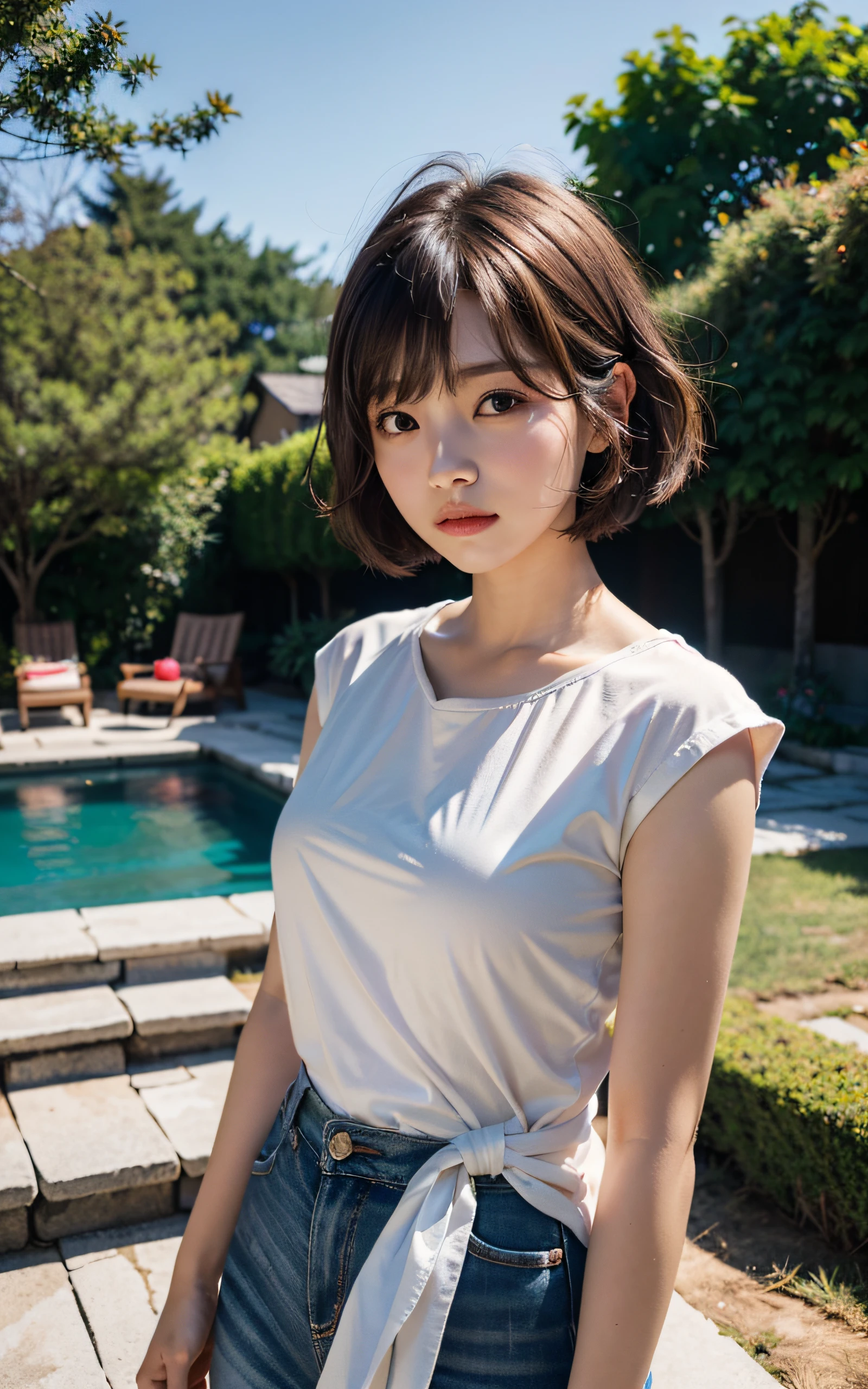 (masutepiece:1.3), (8K, Photorealistic, Raw photography, Best Quality: 1.4), Soft light, Professional Lighting, 1girl in, 16 years old, Cute, Neat and clean beauty, sad, Brown Short Hair, Bangs, Outdoors