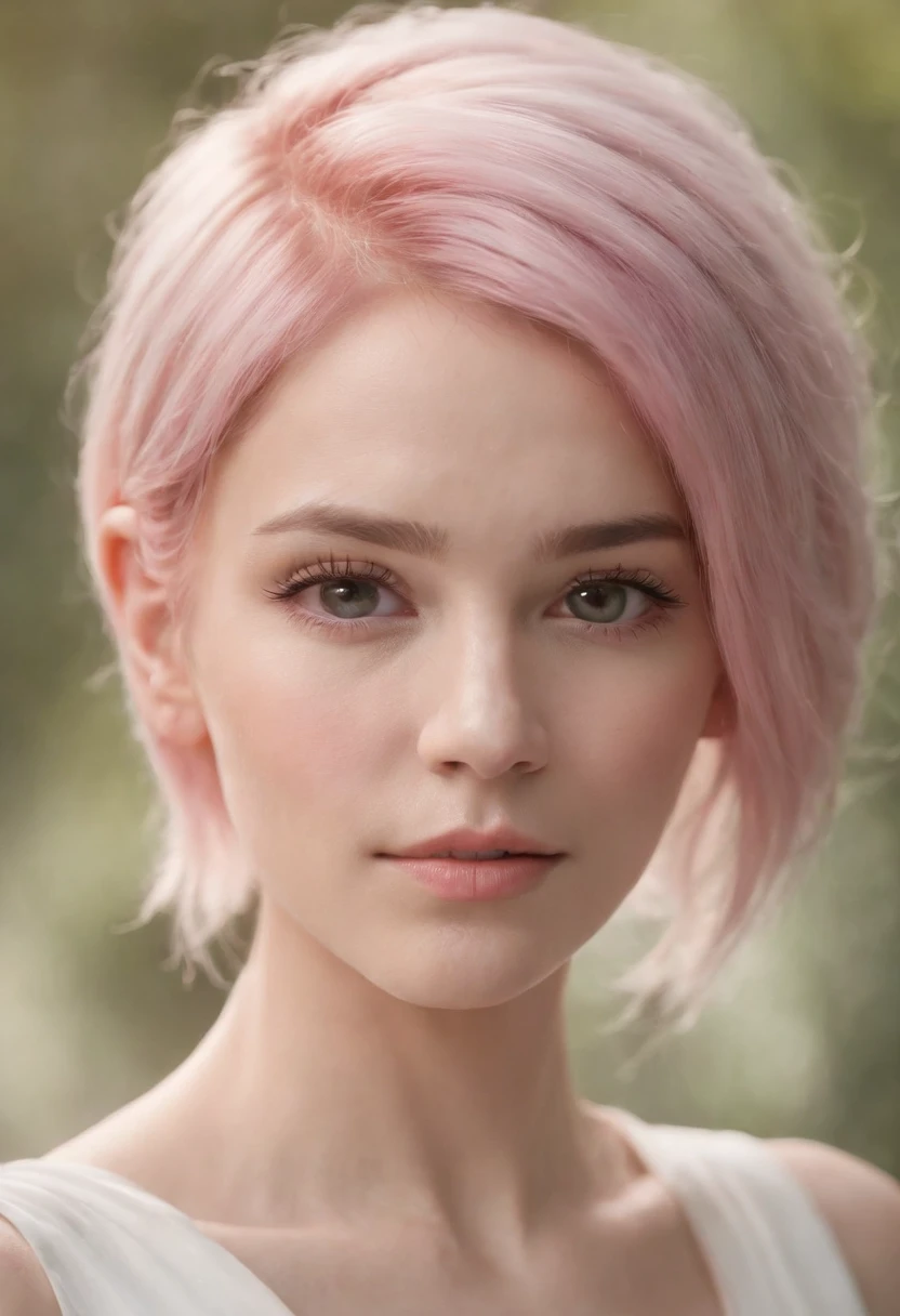 arcanevi, a woman with medium short pink hair wearing a white dress, female face, unreal engine character art, portrait