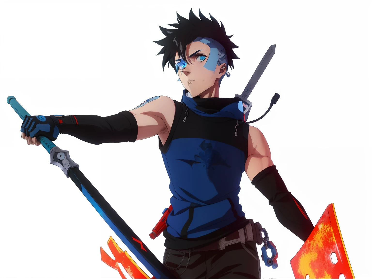 Personaje de anime con espada y sudadera azul con capucha sosteniendo una espada azul, Chico guapo, Trigger anime artstyle,epic anime style, Badass Anime 8K, Personaje de estilo anime, heroe ciberpunk