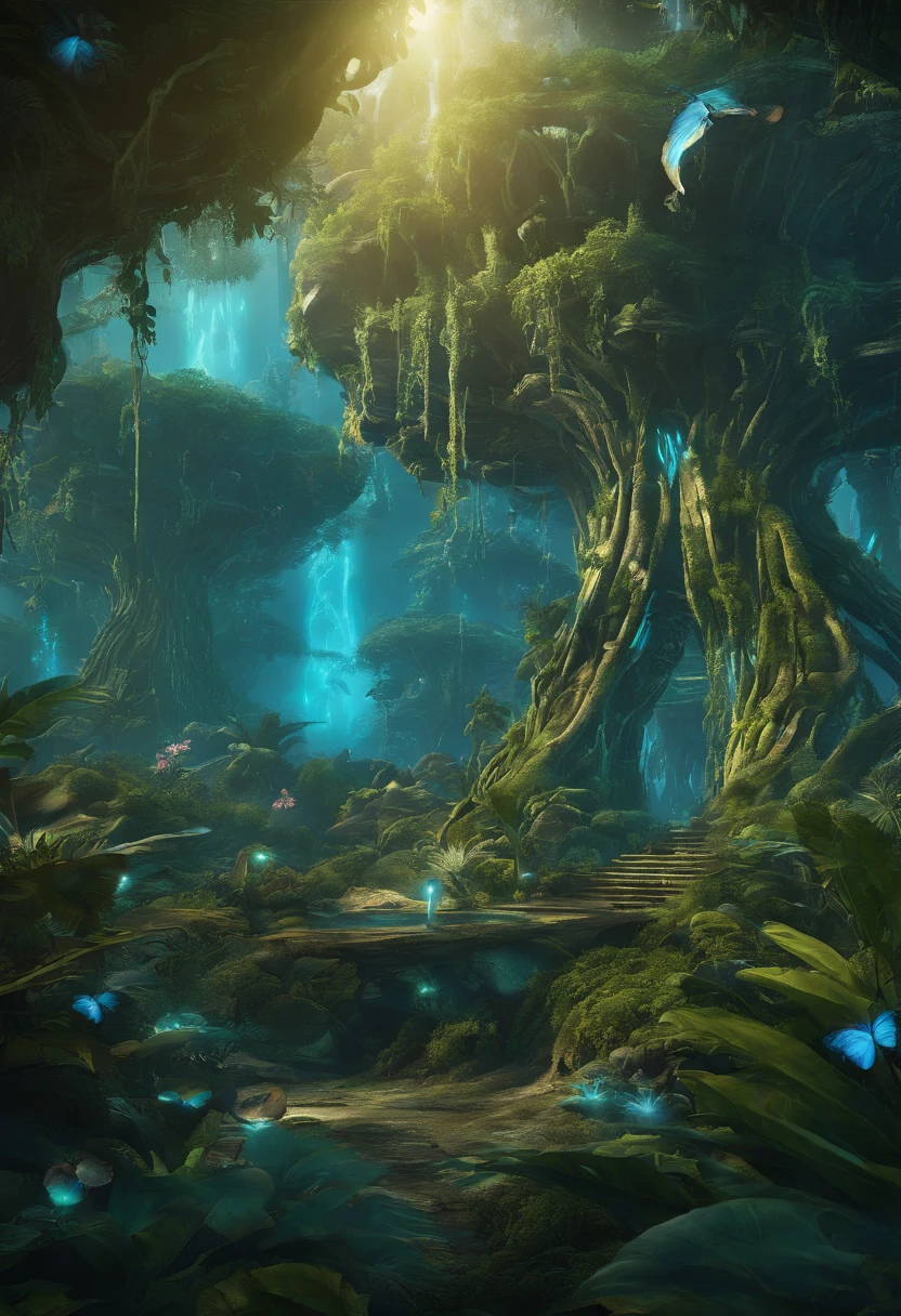 (2 lovely Na'vi kids, Tucker and Keeley, Have fun in the forests of the planet Pandora) (Tucker and Keeley: 1.5), (The tree of the soul of the Na'vi: 1.0), Na'vi premises. (Majestic, Tall buildings),  lush alien landscape, glowing blue mushrooms in mire, Inside the alien jungle, rich diverse lush alien world, bioluminescent cyber - garden, alien forest in background, avatar landscape, Alien Paradise, concept art magical highlight, concept art stunning atmosphere, Strange alien forest lepidoptera,Na'vi:Toruk,scientific name:Gavilandora Maxima，Enigmatic Atmosphere, exotic plants, Majestic, magical concept art,