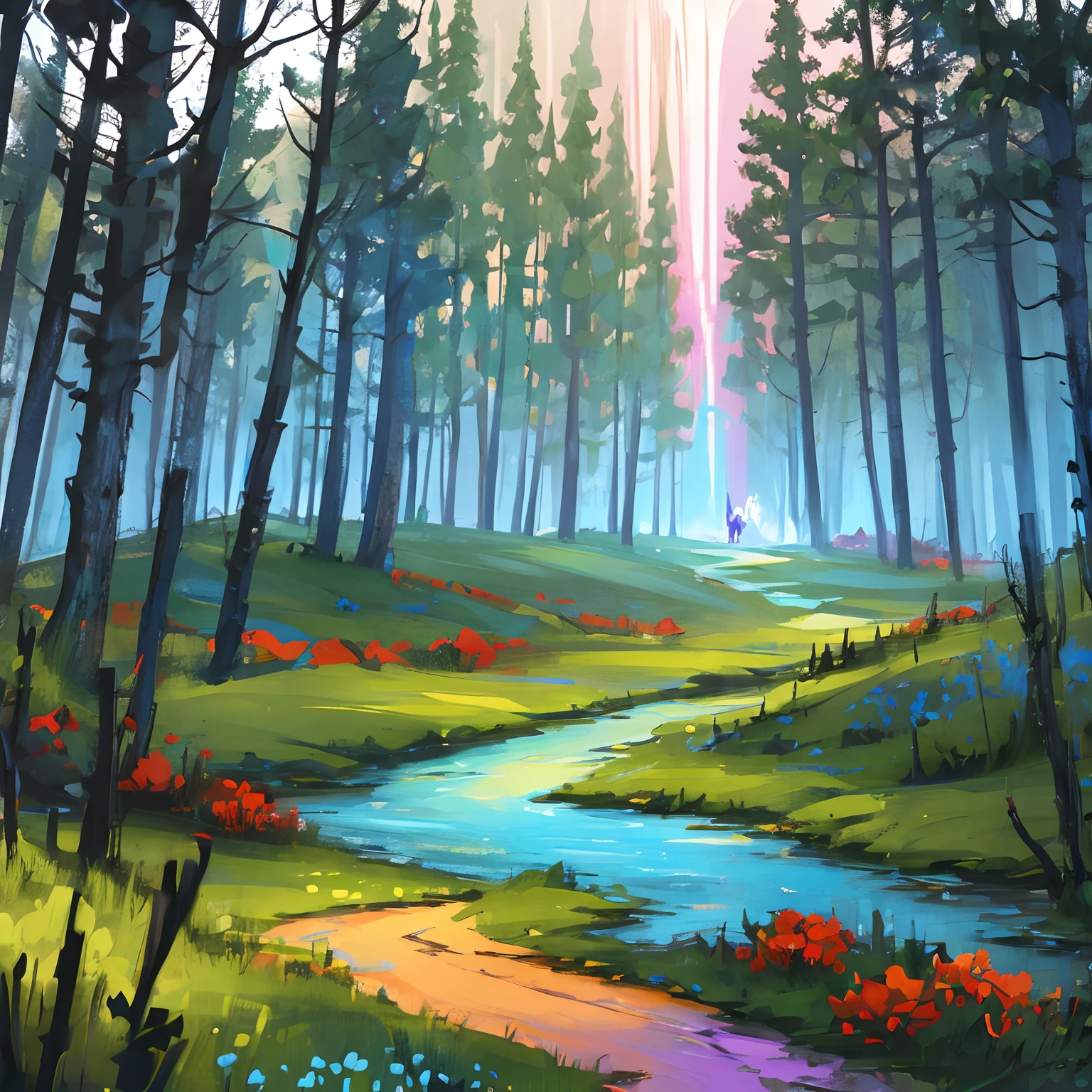 best quality, rainbow colour, forest, beautiful landscape, magestic, ethereal, trees, flowers, fictional beasts