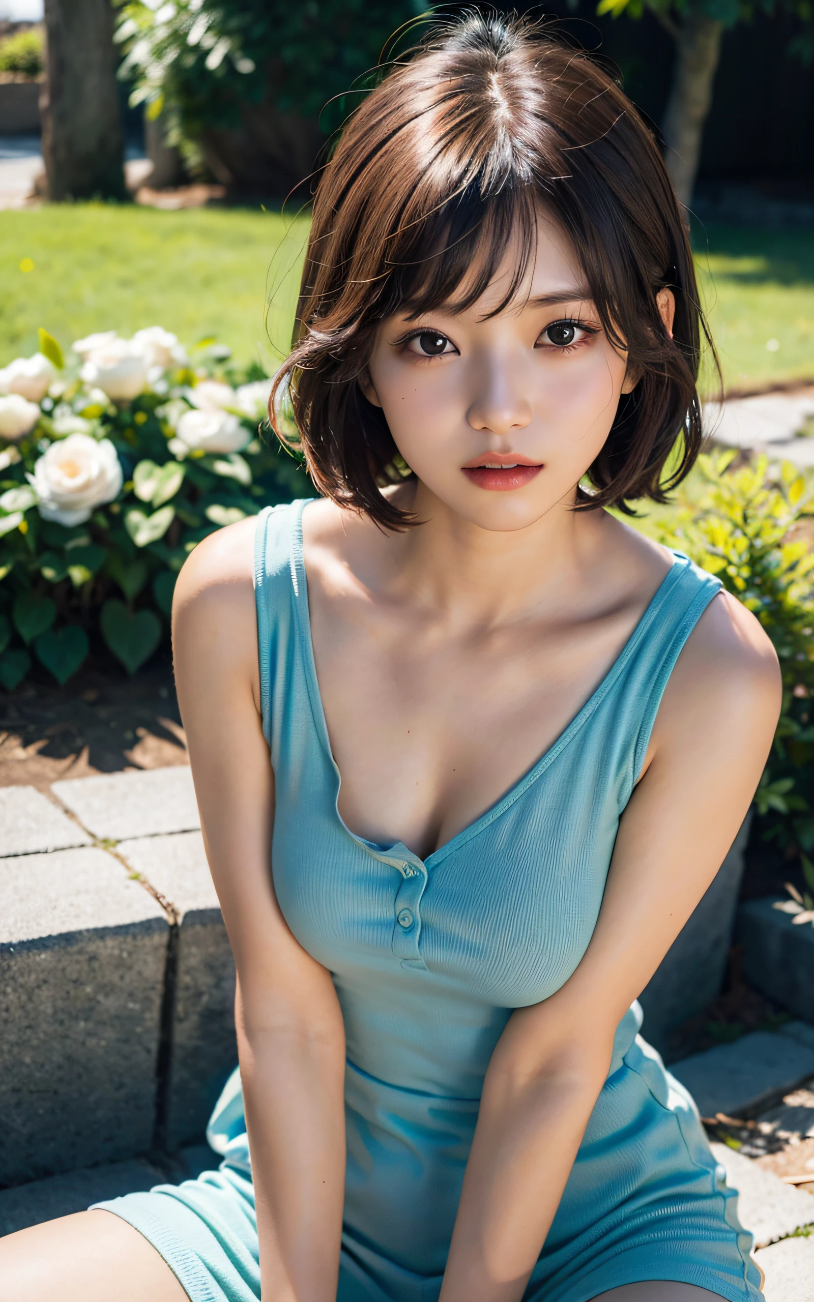 (masutepiece:1.3), (8K, Photorealistic, Raw photography, Best Quality: 1.4), Soft light, Professional Lighting, 1girl in,  ************, Cute, Neat and clean beauty, sad, Brown Short Hair, Bangs, Outdoors