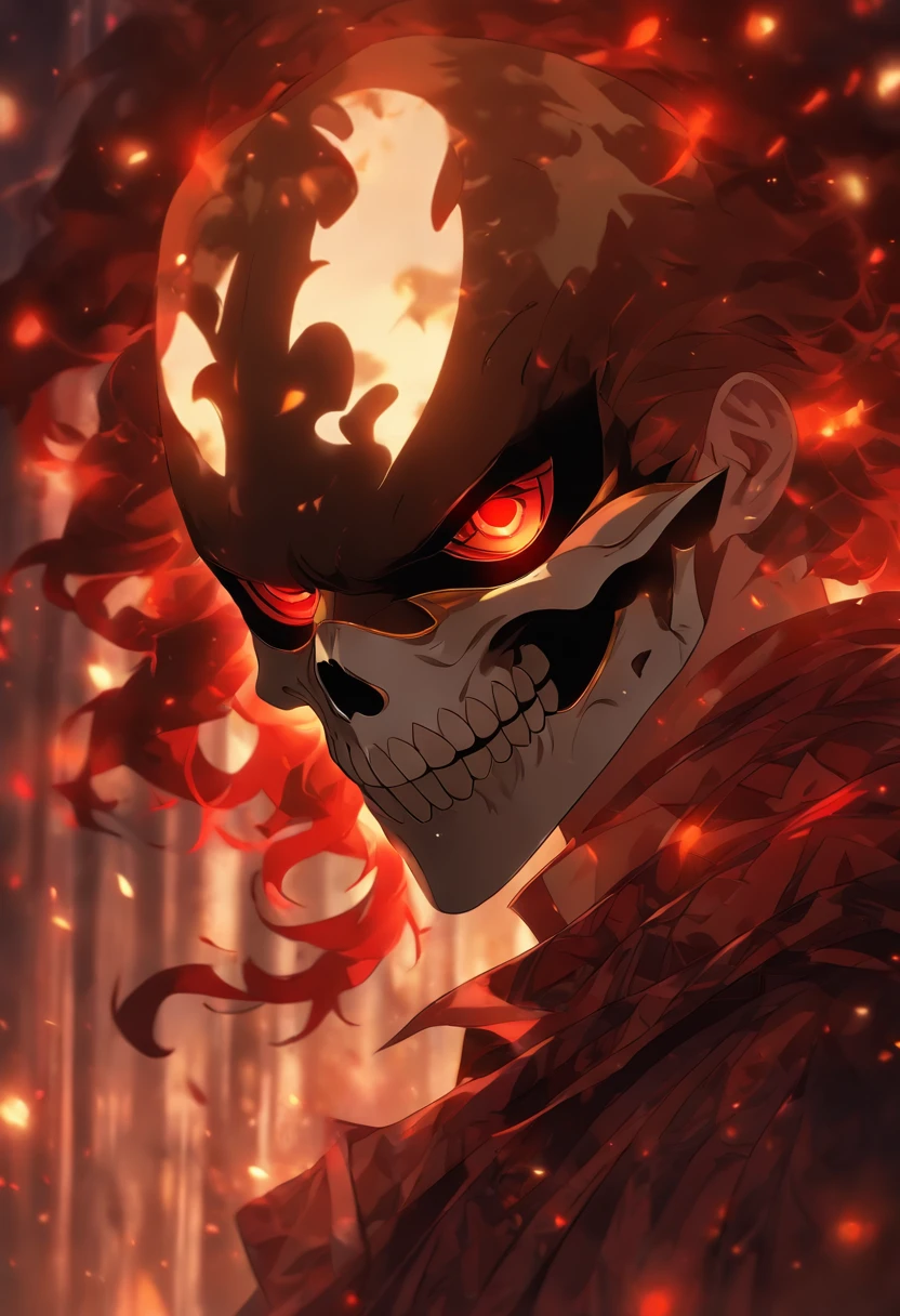 Person wearing a Skull masquerade mask, colors white and brown, glowing red eyes, masterpiece, best quality