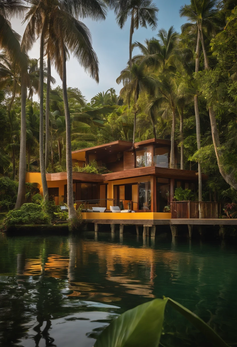 Single-family duplex house next to a tropical body of water and forests