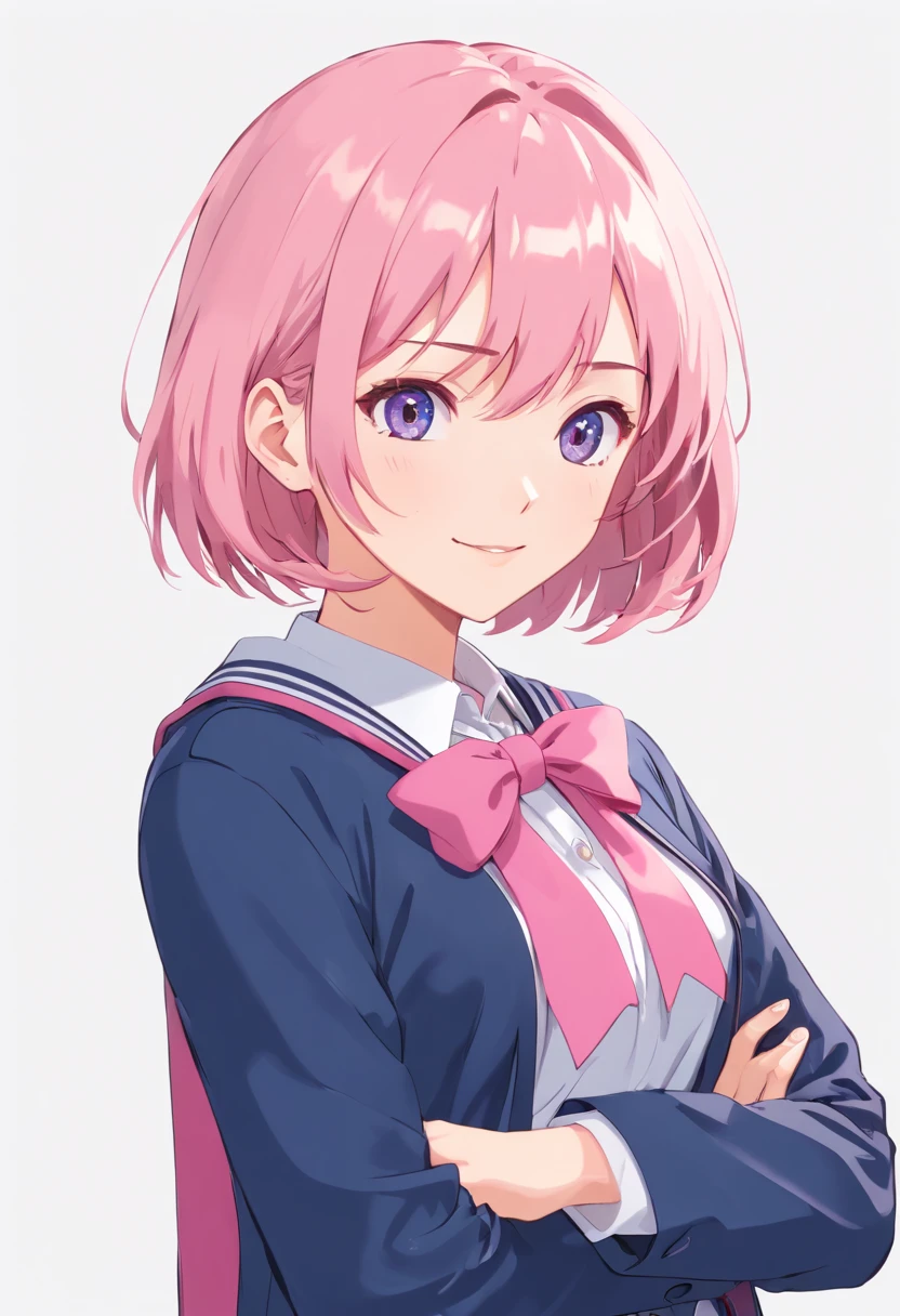 Pink hair, Happy, Smiling, short pink hair, Straight bangs, Pink eyes,Beth,The Spiritual World,((masutepiece)),((Best Quality)), 1girl in, Jacket, (Solo:1.6), Hair Ornament, Pink eyes, Bow, bowtie, pink bowtie, Blazer, pink bows, Looking at Viewer, grey sweater, Blue school uniform, Sweaters, Blue Pleated Mini Skirt , (Simple background:1.6), (White background:1.6) (Photorealistic, Realistic,:1.1) Dynamic Angle, randome pose