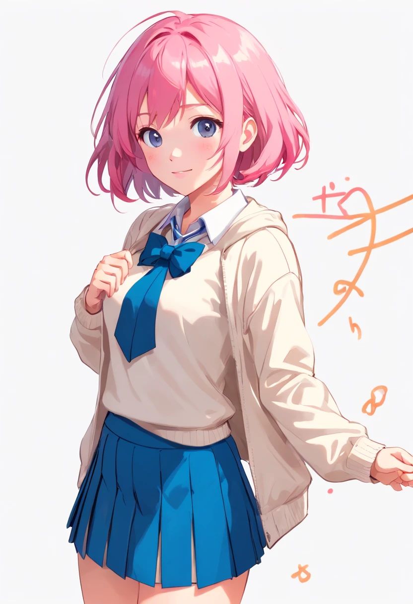 Pink hair, Happy, Smiling, short pink hair, Straight bangs, Pink eyes,Beth,The Spiritual World,((masutepiece)),((Best Quality)), 1girl in, Jacket, (Solo:1.6), Hair Ornament, Pink eyes, Bow, bowtie, pink bowtie, Blazer, pink bows, Looking at Viewer, grey sweater, Blue school uniform, Sweaters, Blue Pleated Mini Skirt , (Simple background:1.6), (White background:1.6) (Photorealistic, Realistic,:1.1) Dynamic Angle, randome pose