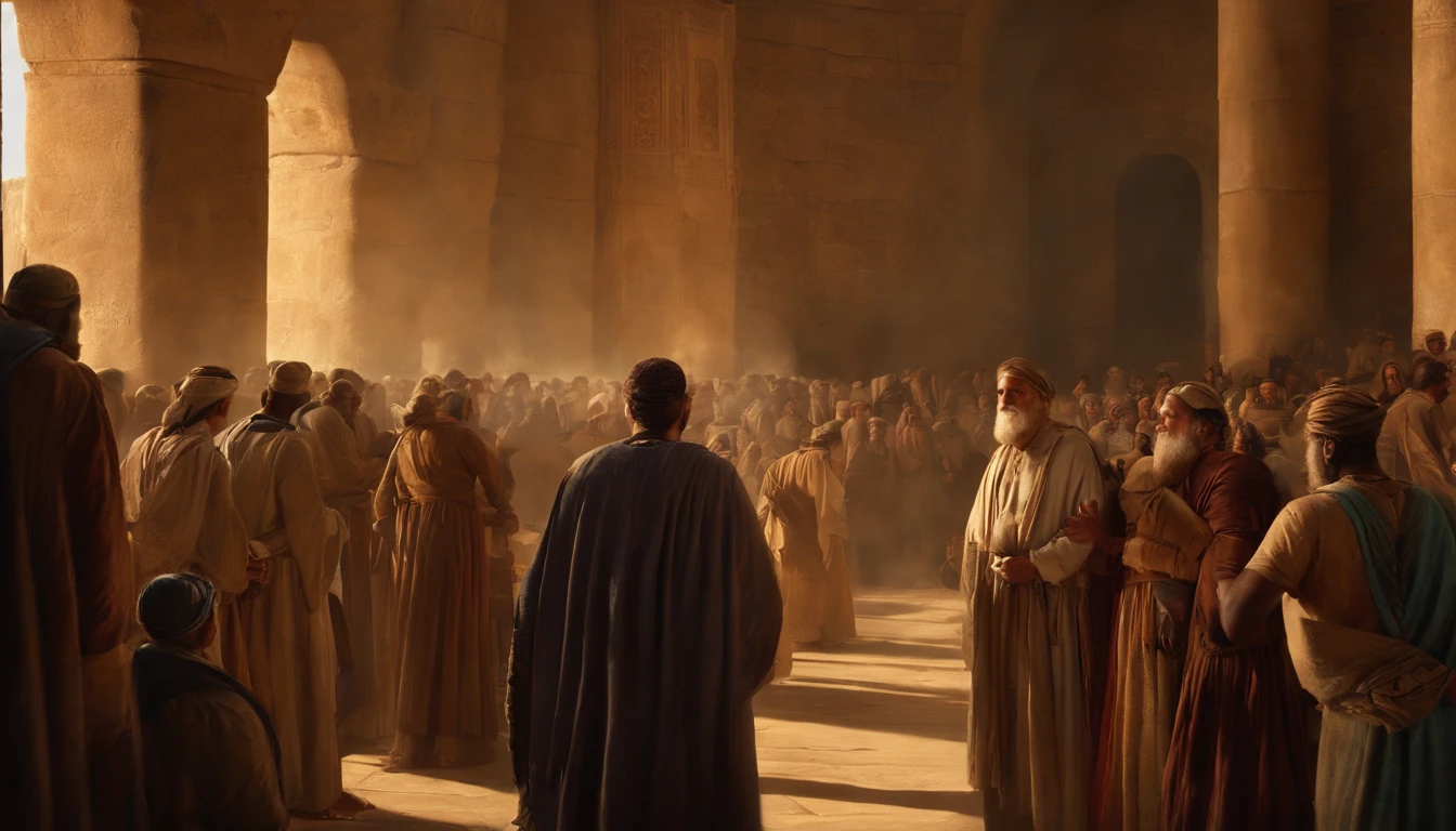 Jeremiah calls the Israelites to repentance, The Cry of the Prophet,Gatherings with large numbers of people, papyrus,Weathered parchment,Old gowns,,History reference,High-quality artwork and details,Realistic portrait style,Subtle color palette,vibrant background,natural textures,Deep Shadows,Subtle highlights,Historical accuracy,meticulous attention to detail,Emotional depth and intensity,Authentic Representation,Thought-provoking,Spiritual atmosphere,A Sense of Ancient Wisdom,Profound impact