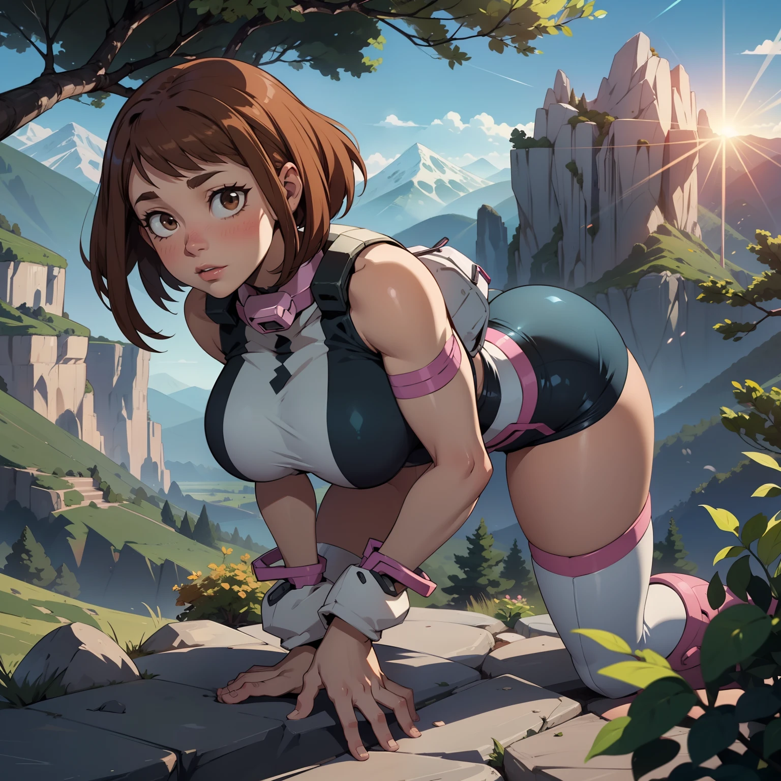 Hyper realistic super detailed sexy Ochaco Uraraka, Une, NSFW, Very detailed, expressions faciales sexy, seductive facial expressions, [:(Face detail: 1.4): 0.4], 16K resolution, 4k resolution, dinamic lighting, High definition resolution, (sexy pose, Position attrayante), (hyper realistic: 1.4), (back light: 1.2), (sun light: 1), (pleine hauteur: 1.8),(contrasting background: 1.5), (Anatomy of the hyperrealistic arm), (Hyperrealistic anatomy of the legs), (peau propre), (lighting cinematic: 1.7), (intime), (Technologie NVIDIA RTX Ray Tracing), (Anatomy of the hyperrealistic arm: 2), (Ventre plat parfait), (image couleur),Create a masterpiece in 4K resolution, ultra-realistic, and extremely detailed, featuring an enthusiastic Ochaco Uraraka with an attractive and voluptuous physique hiking in the mountains. Ochaco Uraraka is the central character in the artwork, exuding a blend of adventure, determination, and natural beauty as she explores the majestic peaks.

Ochaco Uraraka possesses an alluring and voluptuous silhouette, accentuating her femininity and self-assuredness. She is dressed appropriately for mountain hiking, wearing functional gear that subtly highlights her curves. Her attire reflects her passion for nature while maintaining a seductive style.

The mountainous environment remains grand, with steep peaks, lush valleys, and winding trails. The sunlight beautifully illuminates the landscape, creating striking interplays of light and shadow on the rugged terrain. The surrounding nature is rich in detail, with trees, rocks, and perhaps even wild animals.

Ochaco Uraraka seamlessly interacts with the mountains. She might be climbing towards a summit, crossing a rope bridge over a gorge, or simply pausing to take in the breathtaking view. Her expression is one of determination, wonder at the majesty of nature, and self-confidence