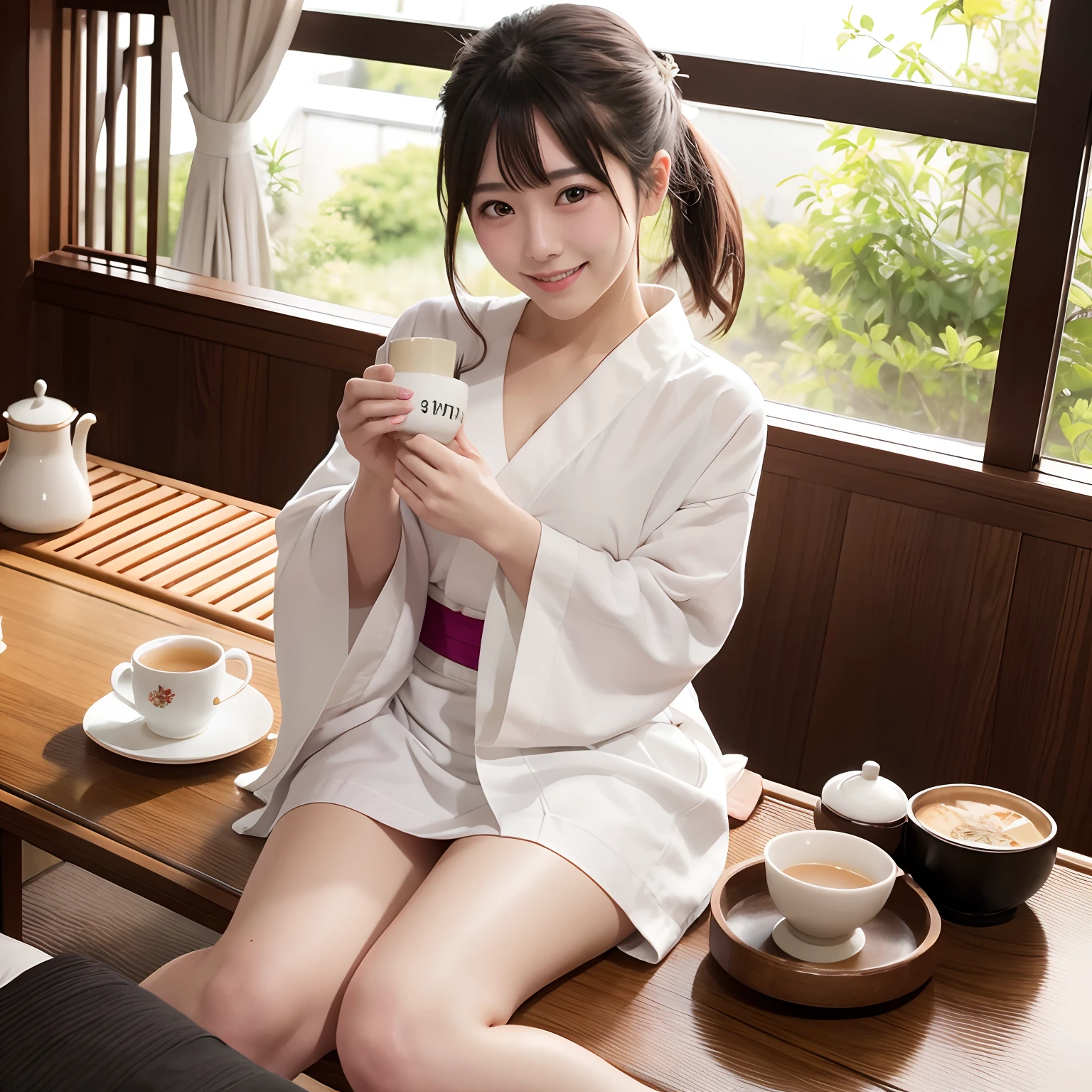 top-quality、One woman、ryokan、waitress、Fluffy kimono、tea、panties on、A smile