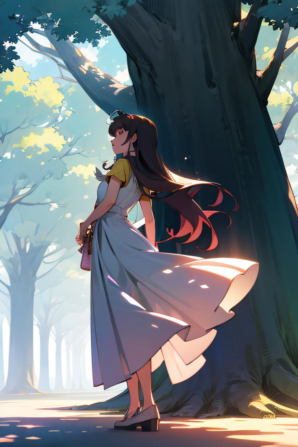 one-girl,standing under a tree,Look up at the big tree,Back Shadow,Wearing a long skirt,flowy,dream magical,